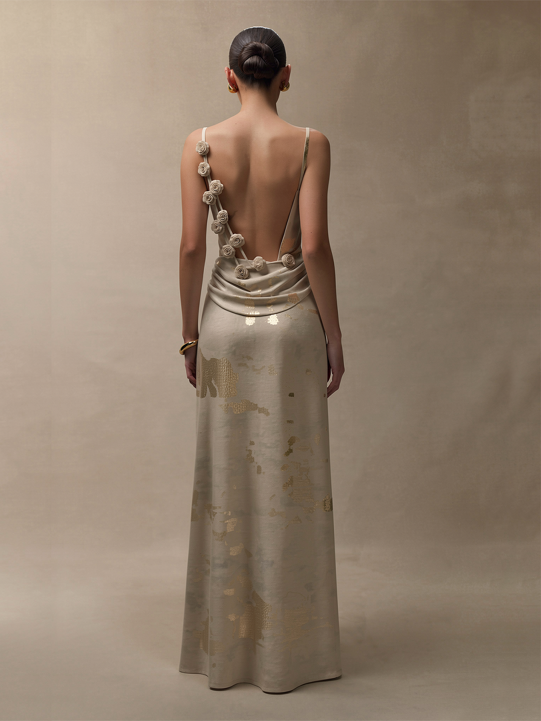 Backless 3D Rose Gold Foil Maxi Dress
