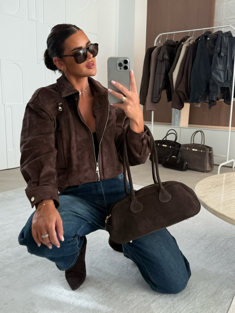 Woman's Chocolate Brown Suede Cropped Jacket with Zip Front & Pocket Details