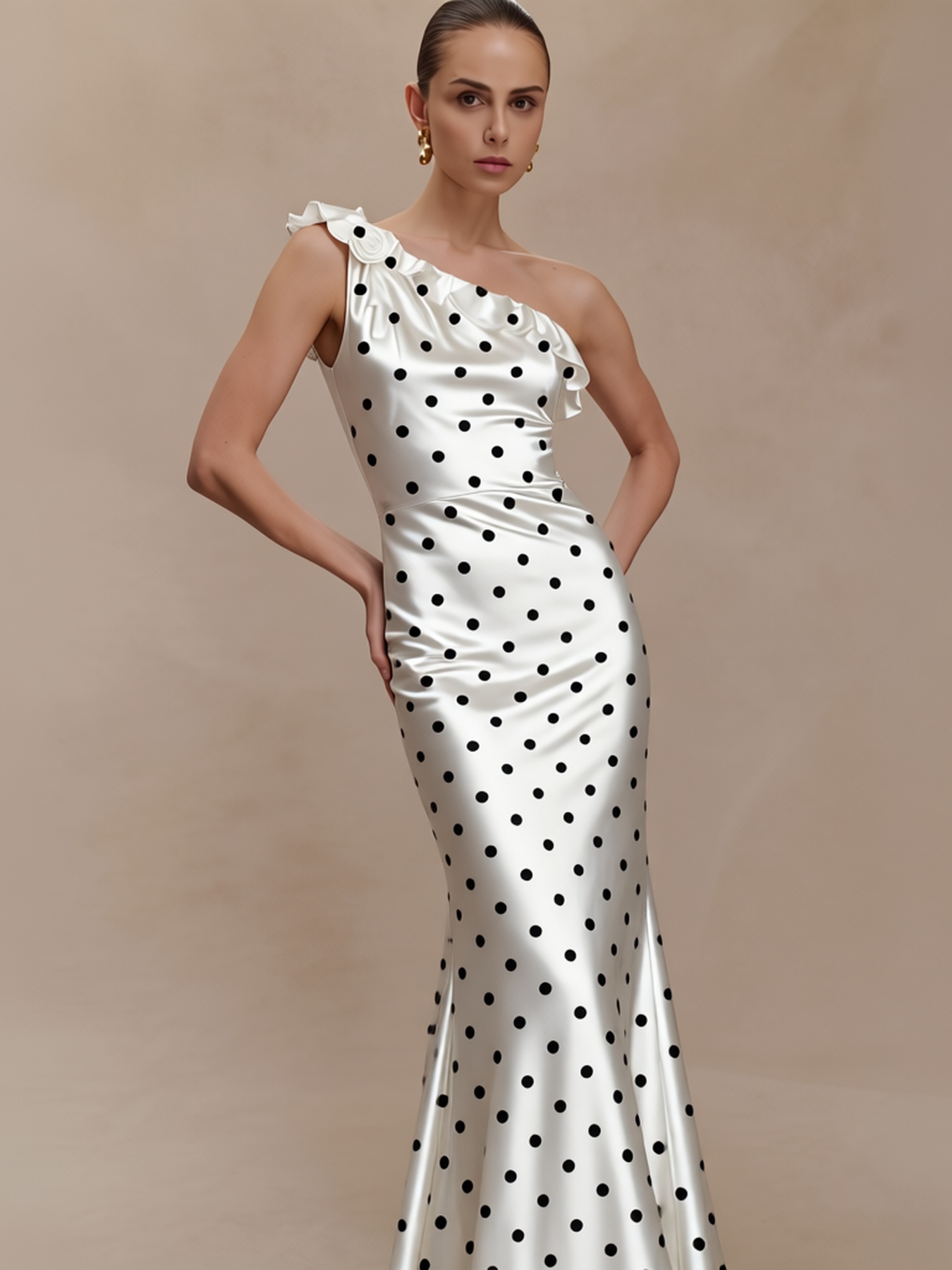2026 Spring Summer Vintage Socialite Style Polka Dot Satin One-Shoulder Formal Dress | Ruffle Trim Fitted Mermaid Maxi Dress