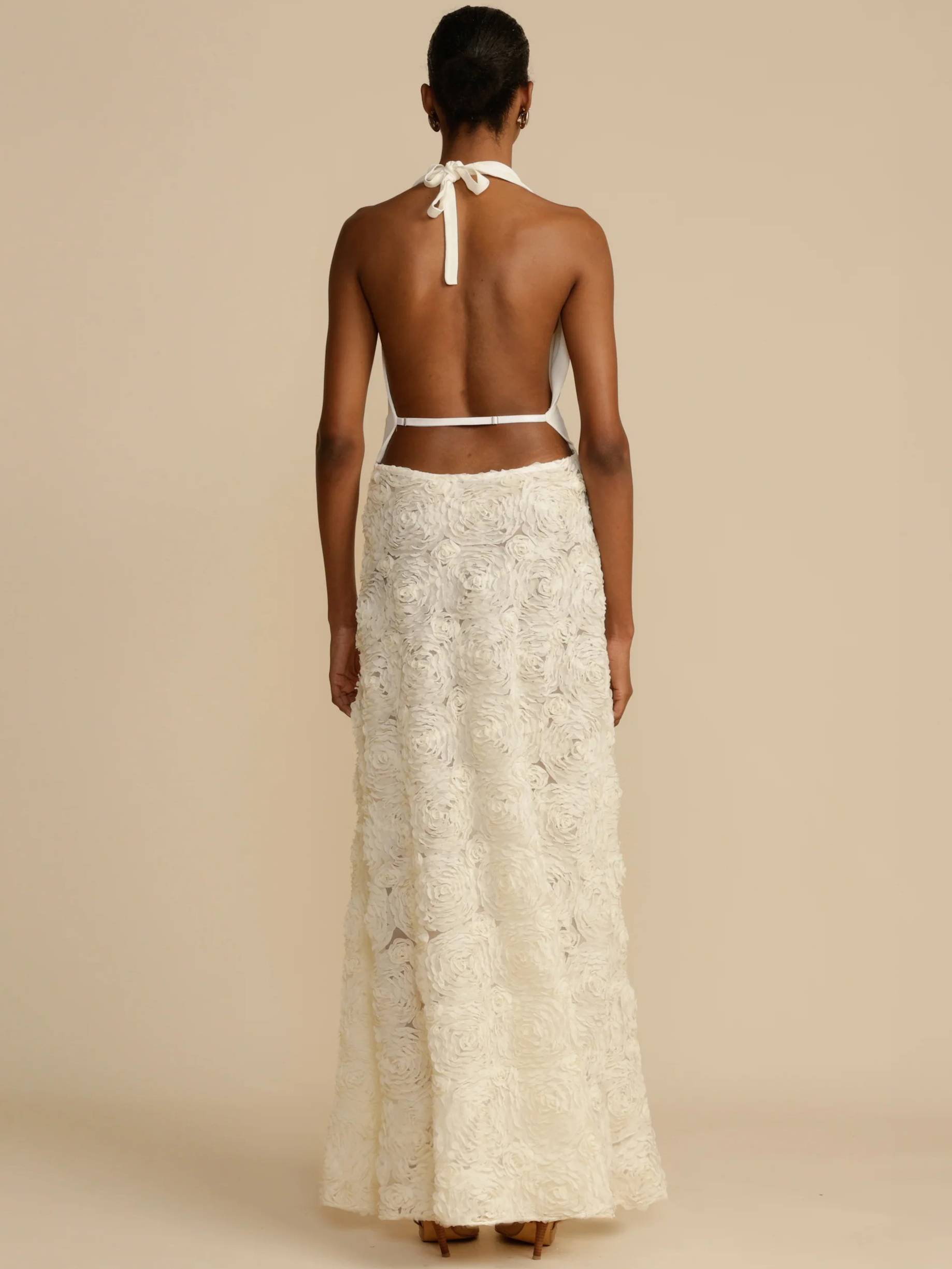 Halter Deep V Backless 3D Rose Lace Maxi Dress 