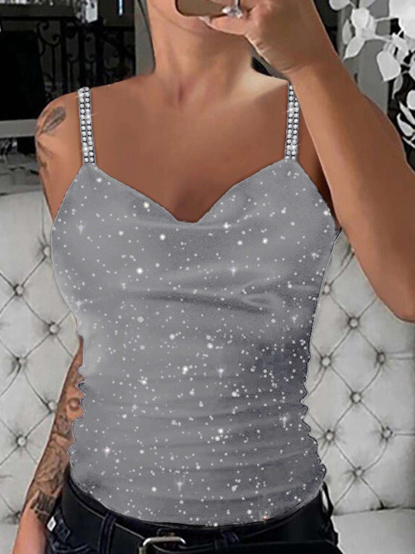 Women's Sexy Sparkly Rhinestone Strap Cami Tank Top
