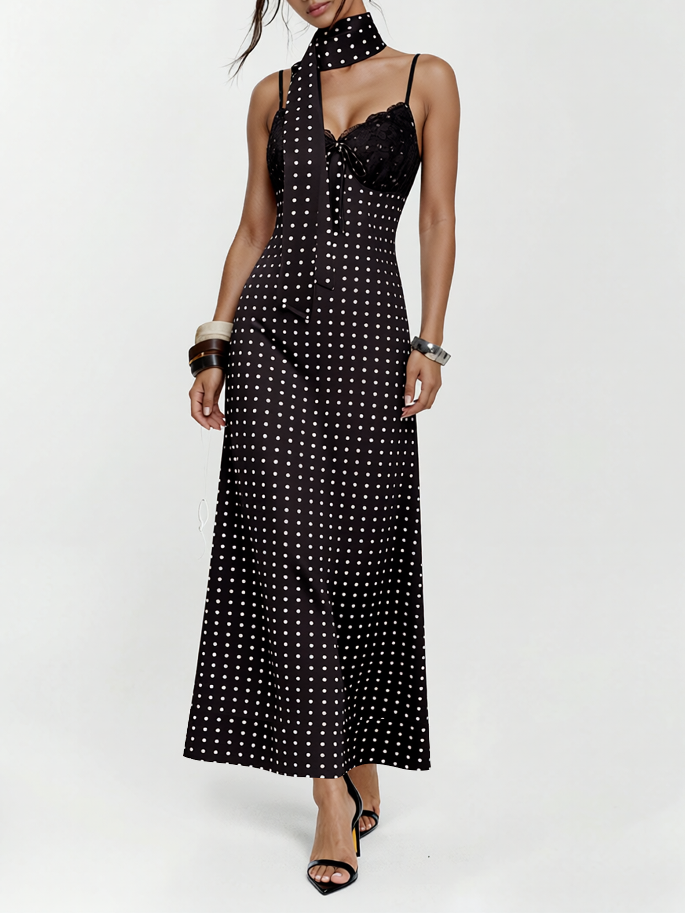 Woman's Polka Dot Lace Cami Maxi Dress with Neck Tie