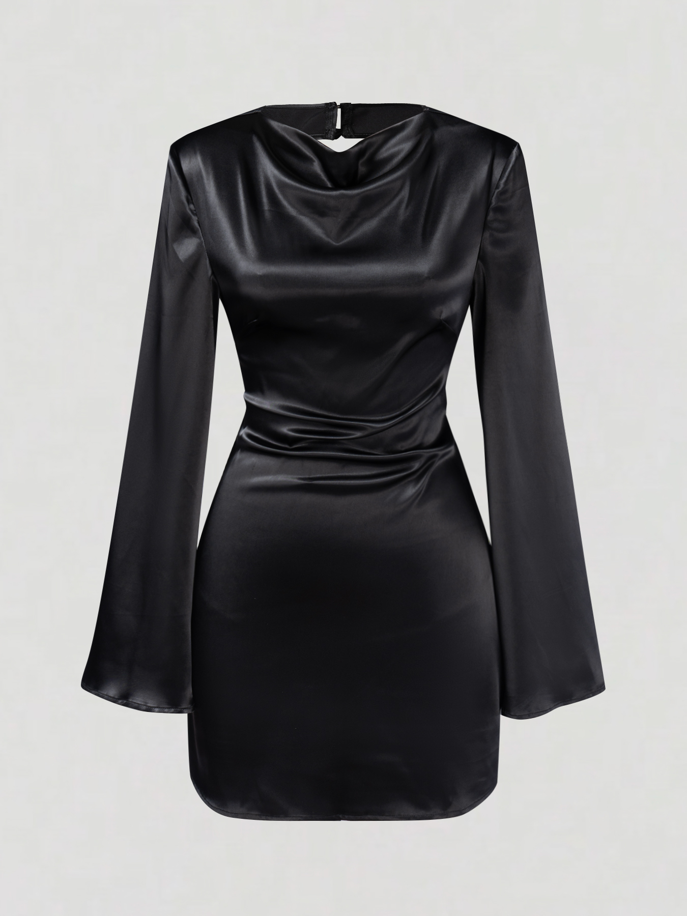 Black Satin Cowl Neck Bell Sleeve Open Back Mini Dress