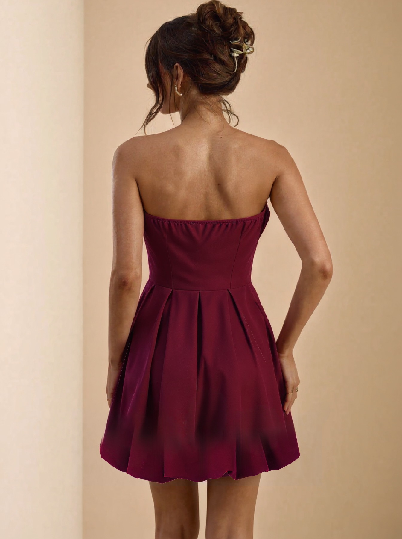 Women's Burgundy Strapless 3D Rose Ruffle Mini Prom Dress-Aetheryn