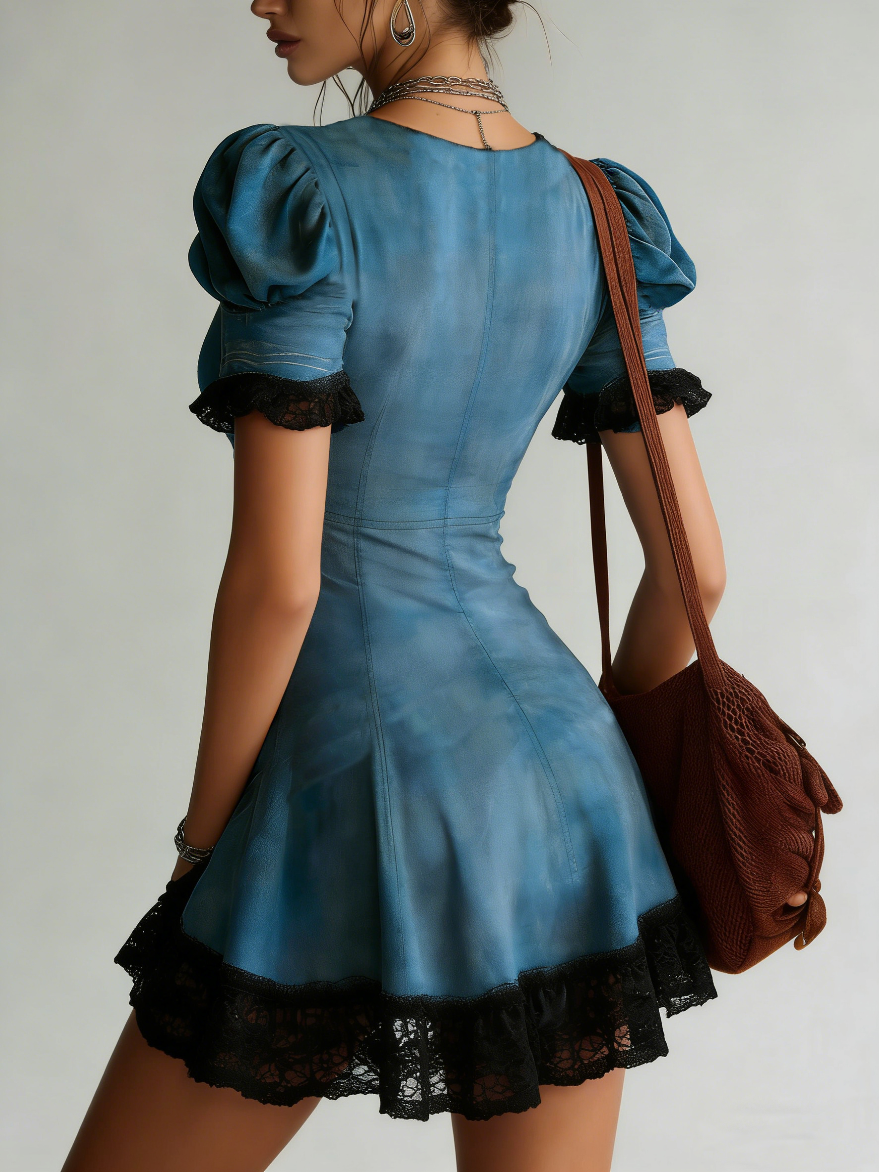 Collared Deep V Lace Trim Puff Sleeve Washed Party Mini Dress