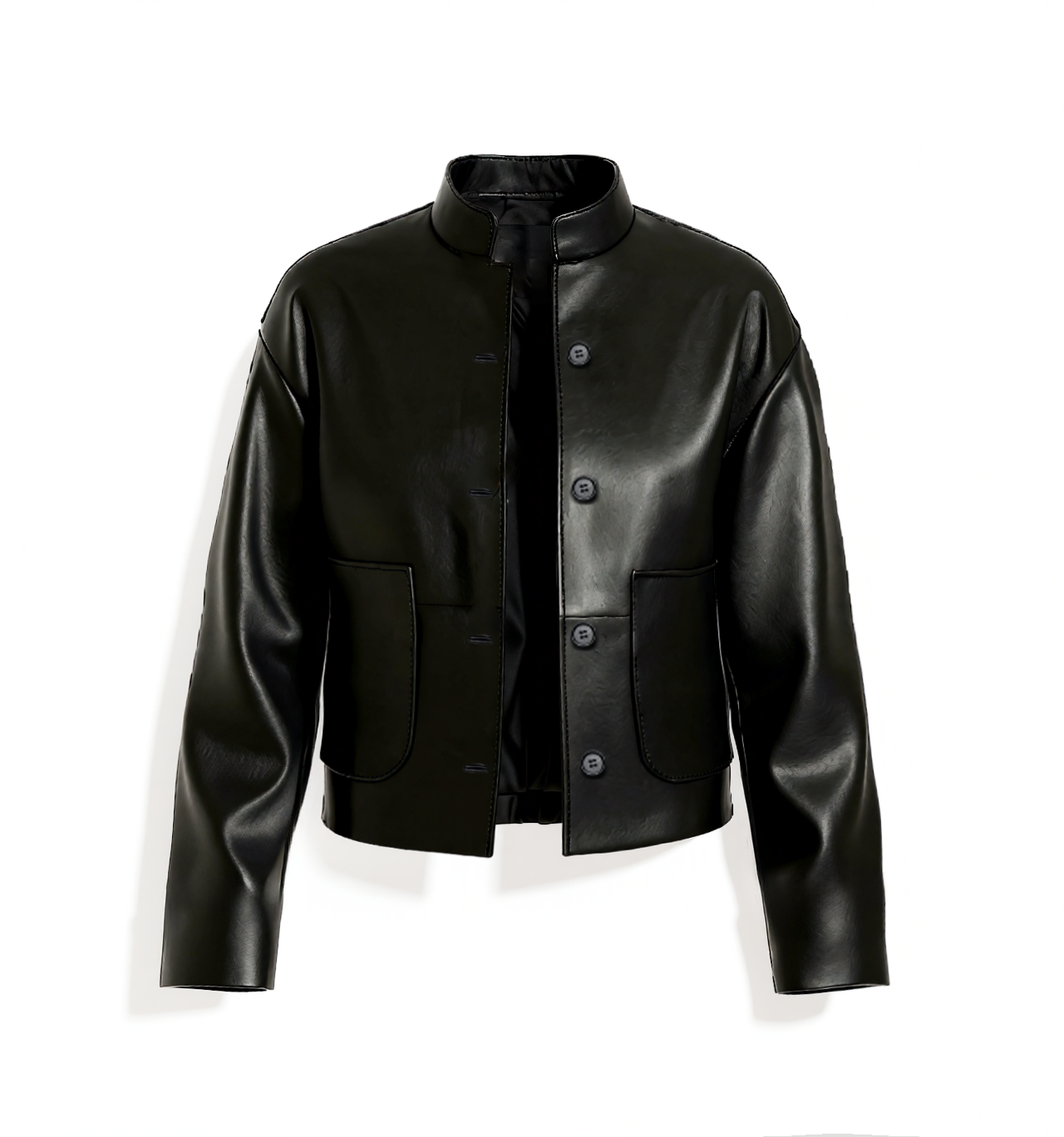 2026 Spring/Summer New Style Fashion Handsome Stand Collar Single-breasted Pocket Decorated Short Leather Jacket-Aetheryn