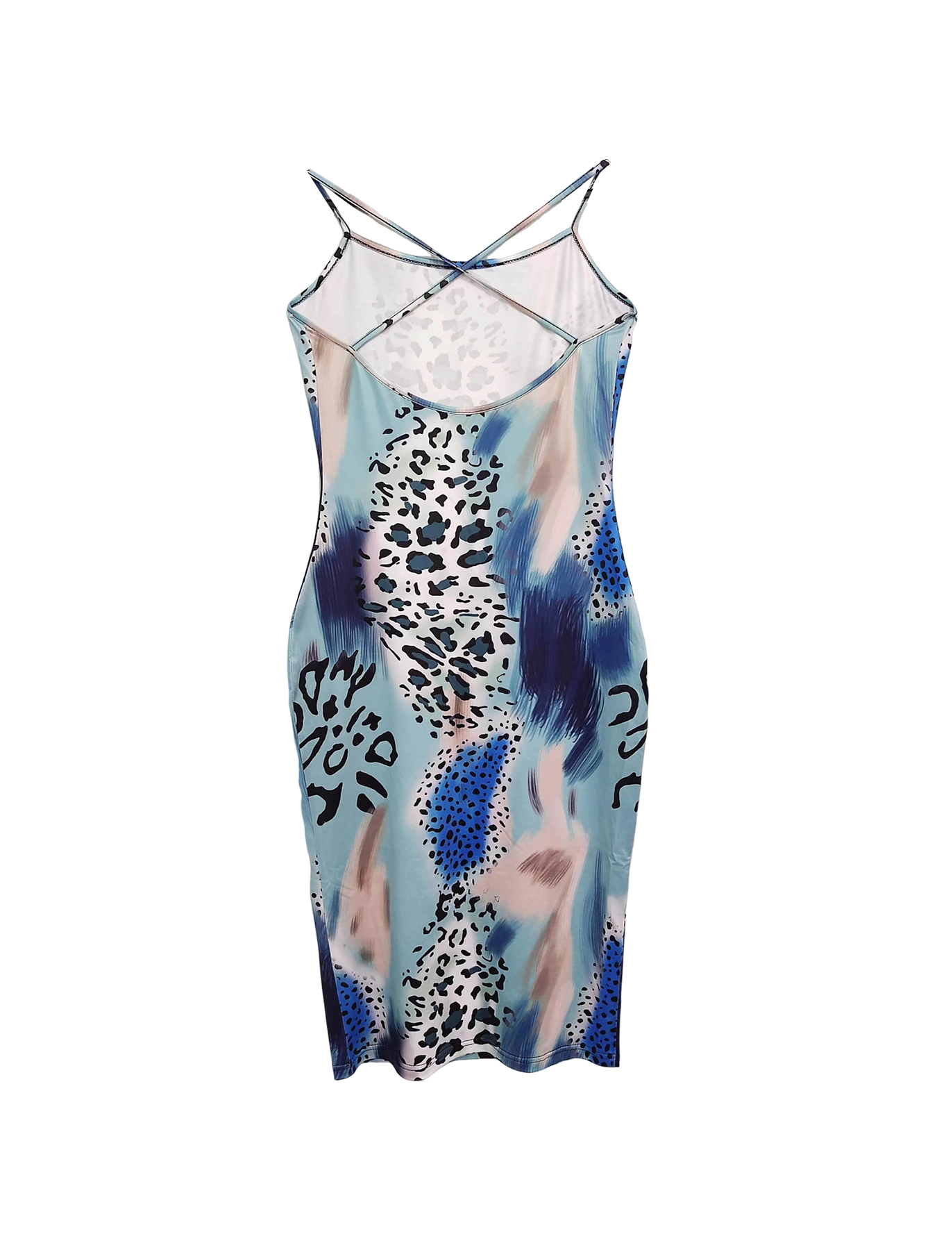 Women's Blue Leopard Print Spaghetti Strap Bodycon Midi Dress