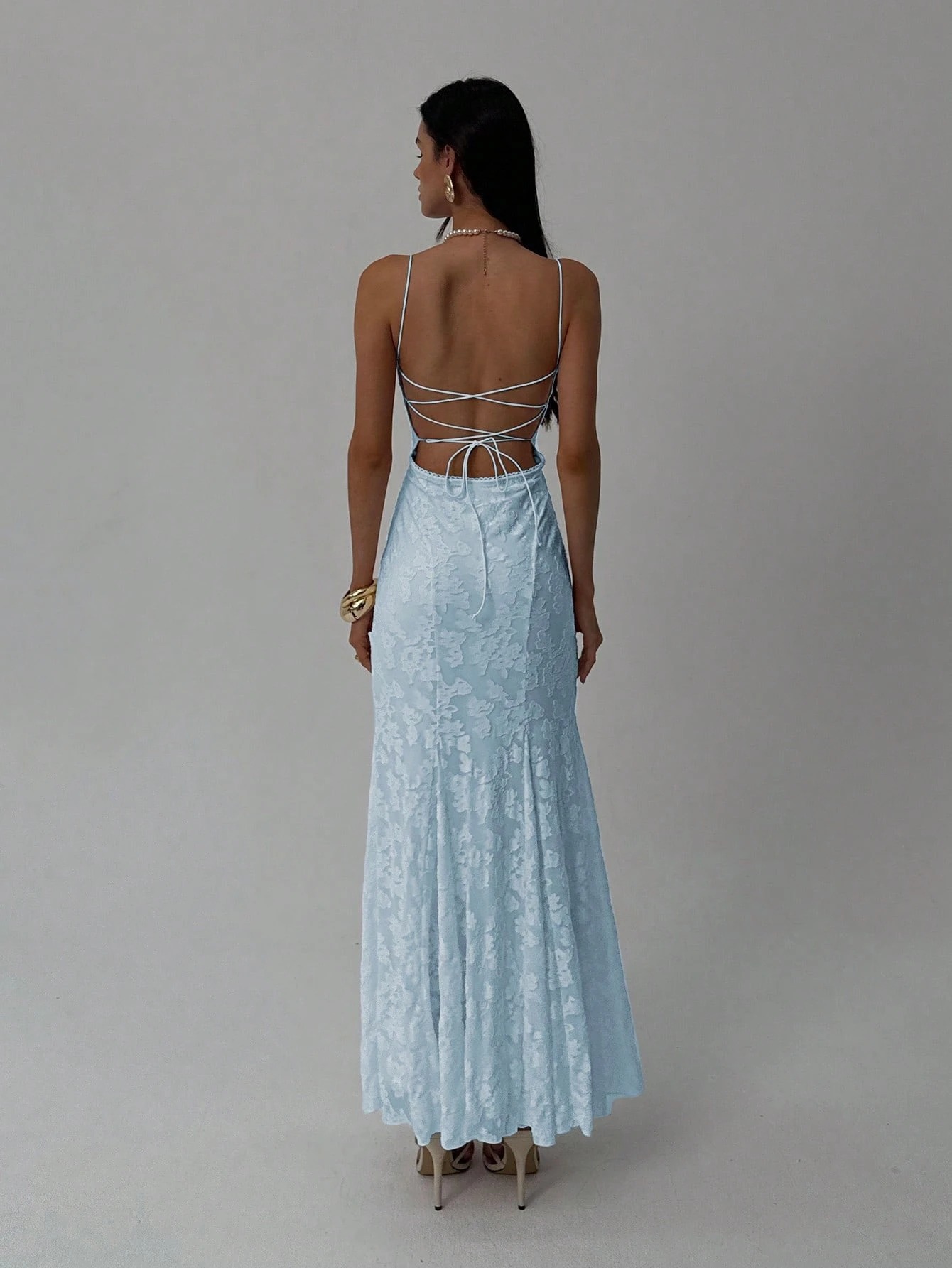 Light Blue Jacquard strap dress, slim fish tail dress, engagement dinner party temperament elegant dress-Aetheryn