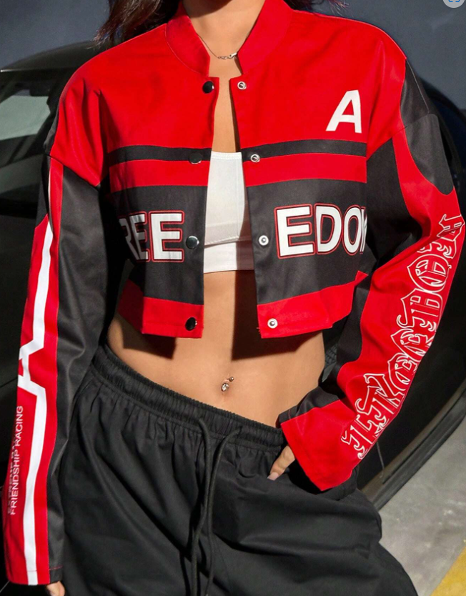 Y2K Digital Print Motocross Jacket - Cropped Streetwear Jacket w/ Distressed Letter Sleeves-Aetheryn
