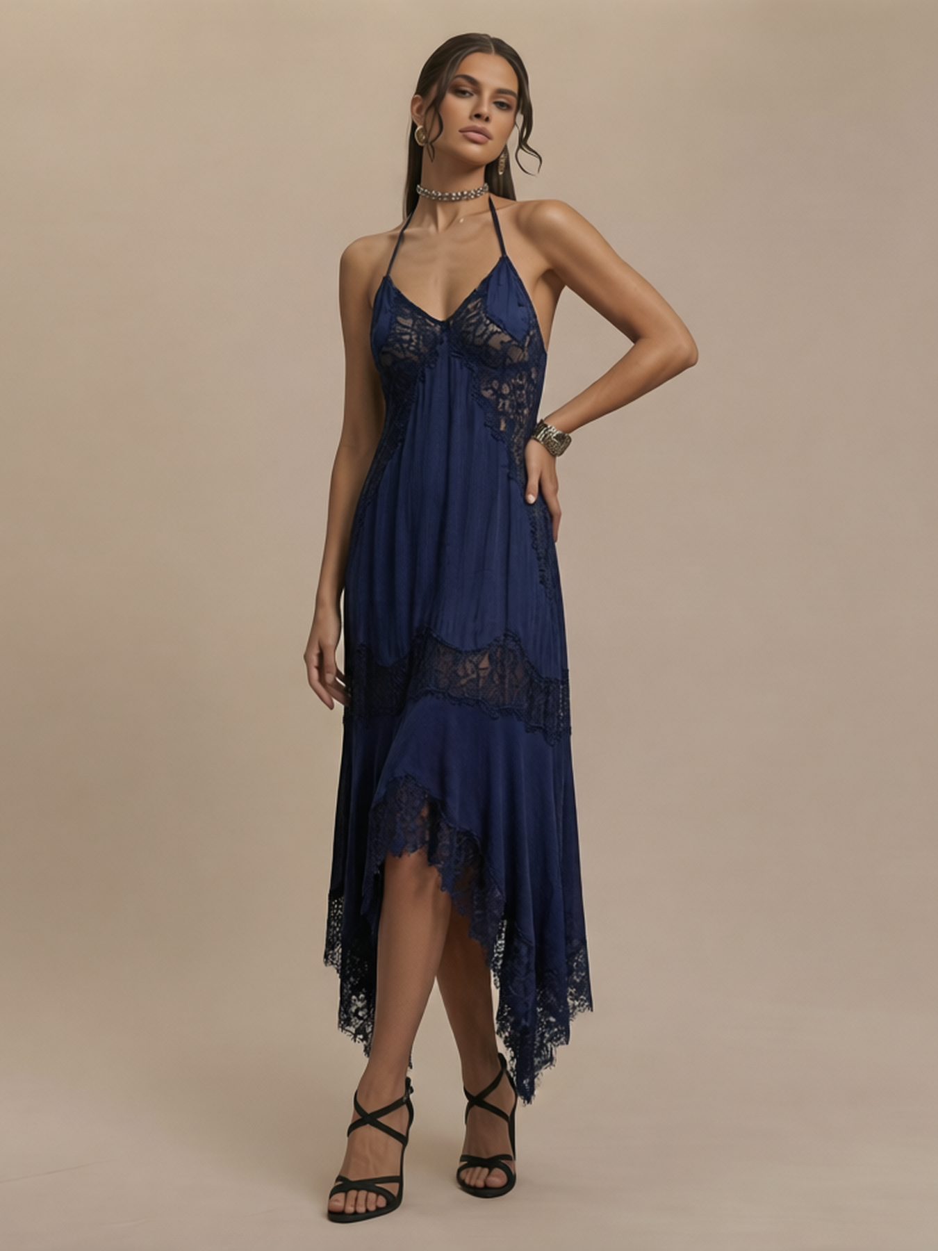 Relaxed Vacation Style Lace Panel Spaghetti Strap Dress Asymmetrical Hem 