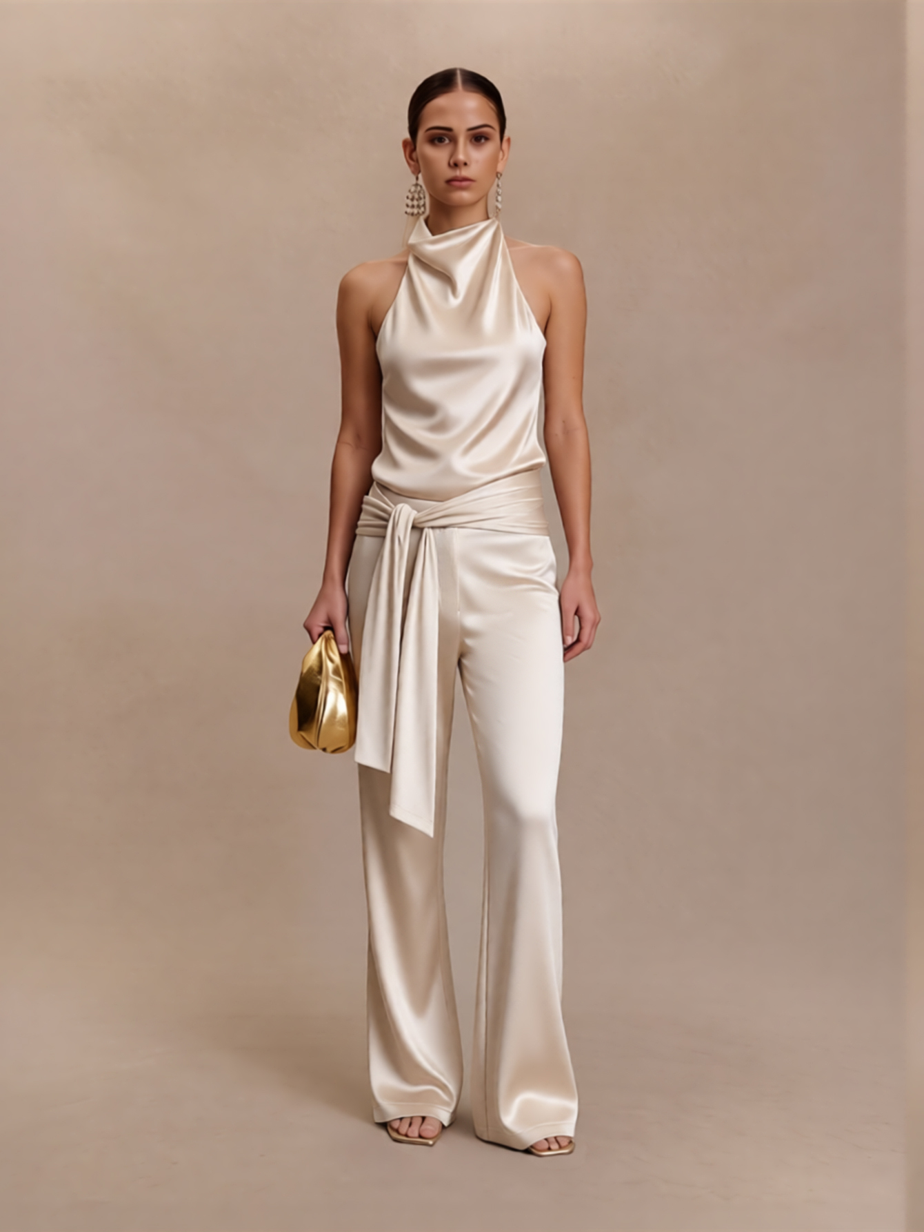 2026 Spring Summer Light Luxury Dinner Style Satin Halter Backless Jumpsuit : Metal Chain Decor Waist Tie Wide-Leg One-Piece