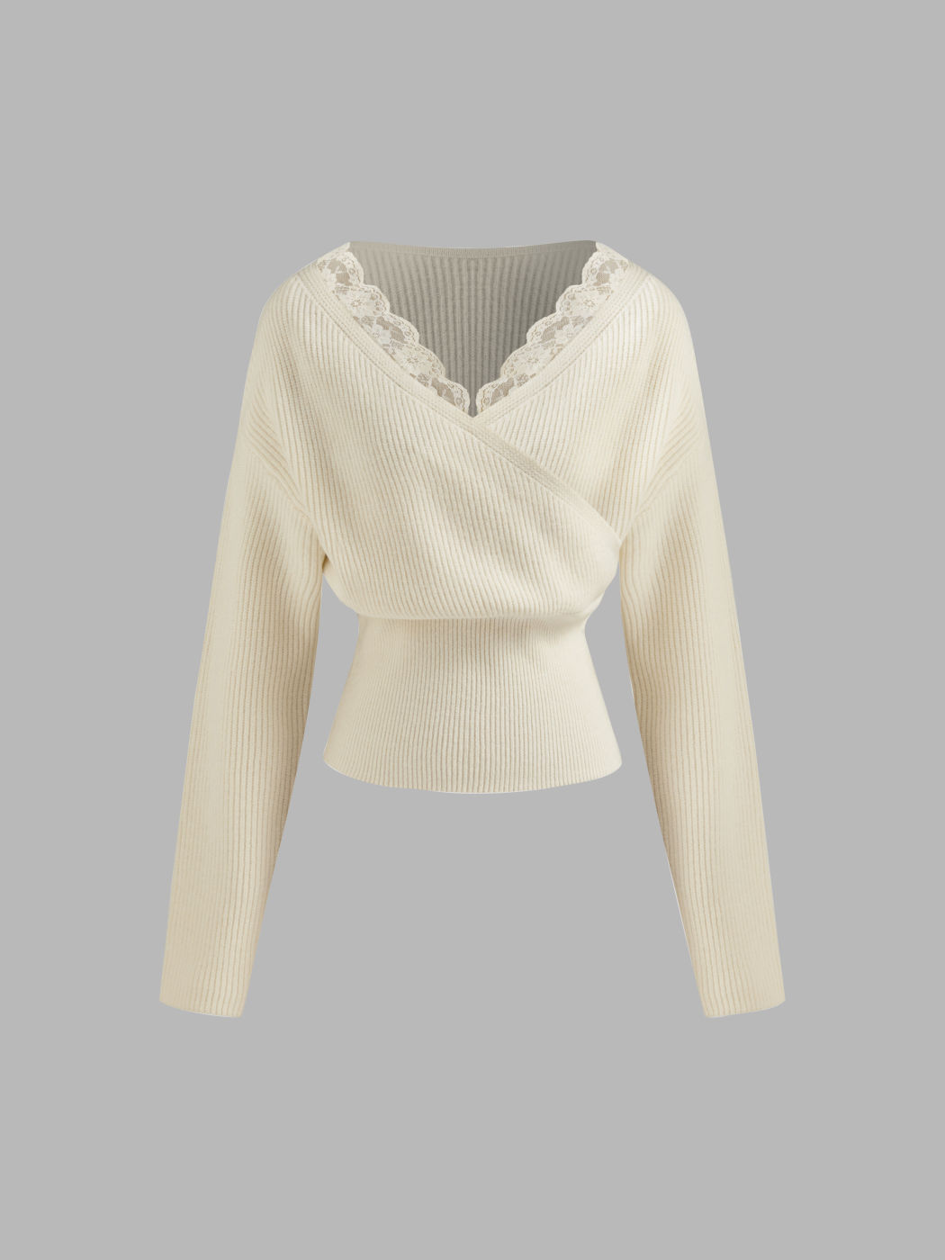 Women's Cream Cross V-Neck Sweater with Lace Trim, Ribbed Knit & Fitted Waist