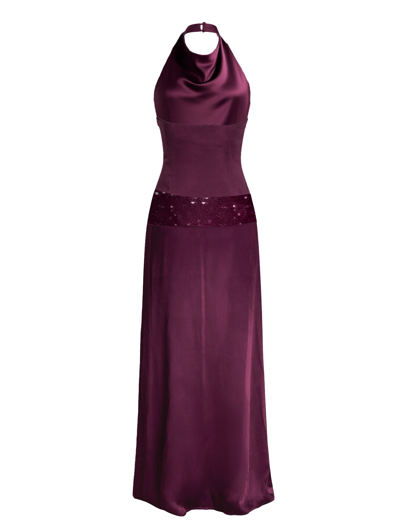 Wine red satin neck dress woman, sequin waist dress, dinner party wedding temperament elegant fishtail skirt-Aetheryn