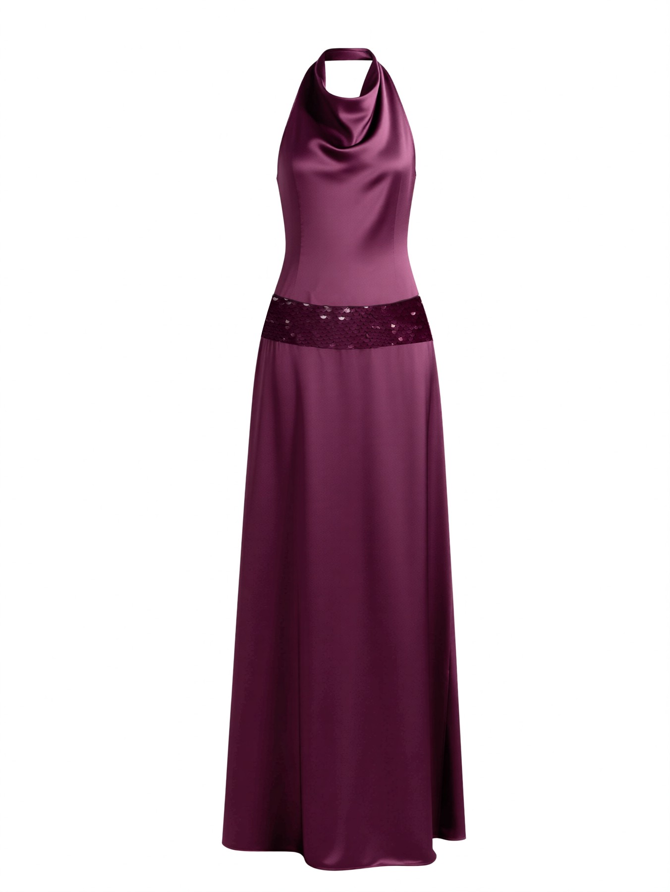 Wine red satin neck dress woman, sequin waist dress, dinner party wedding temperament elegant fishtail skirt-Aetheryn
