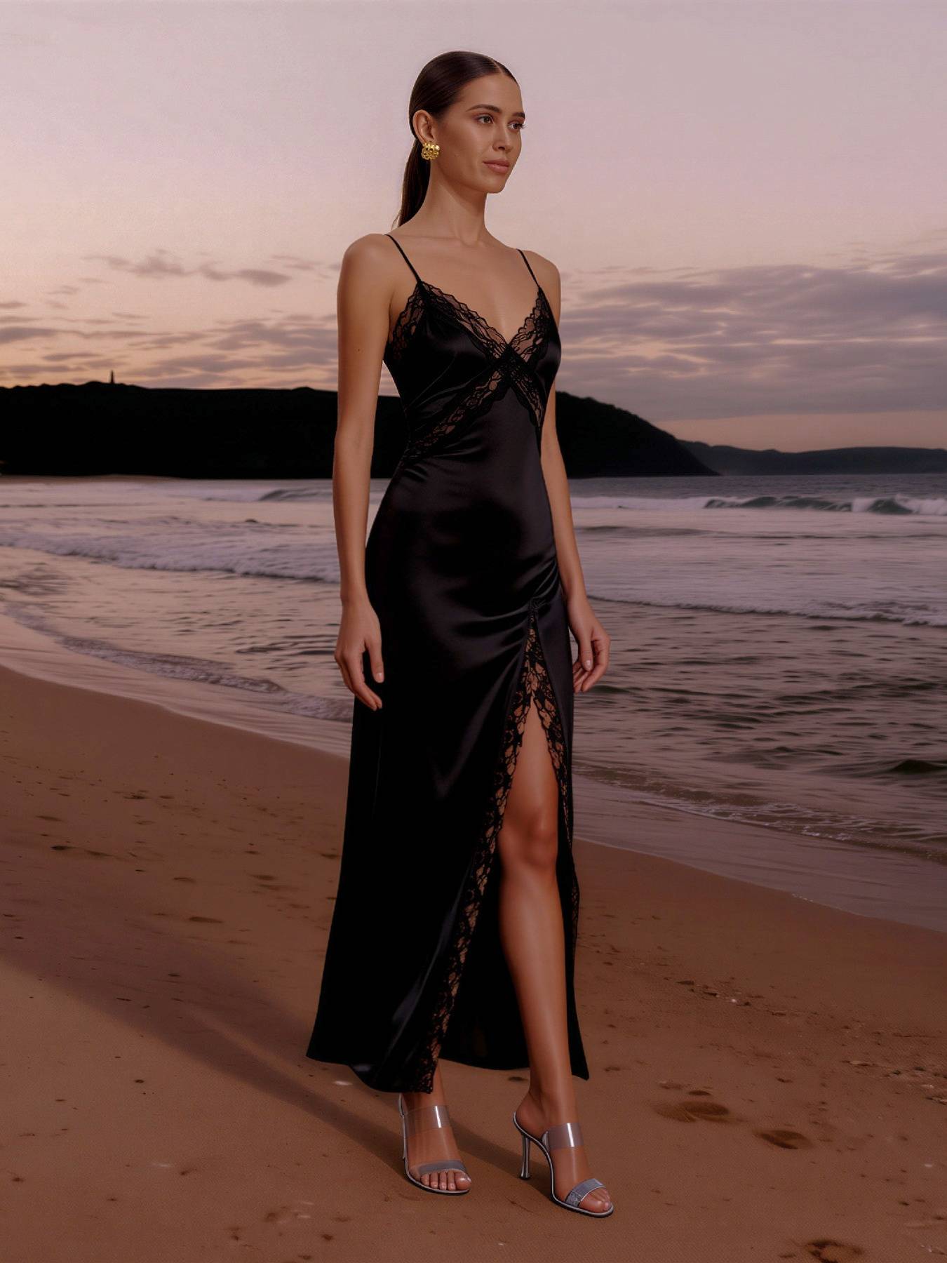2026 Spring Summer Black Satin Slit Evening Gown - Sexy Lace Splicing Strappy Maxi Dress
