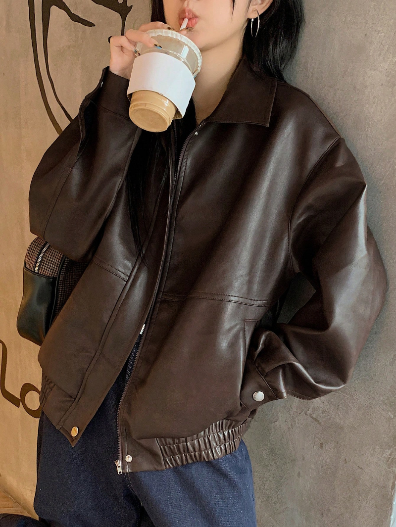 Woman's PU leather loose casual jacket with front zipper