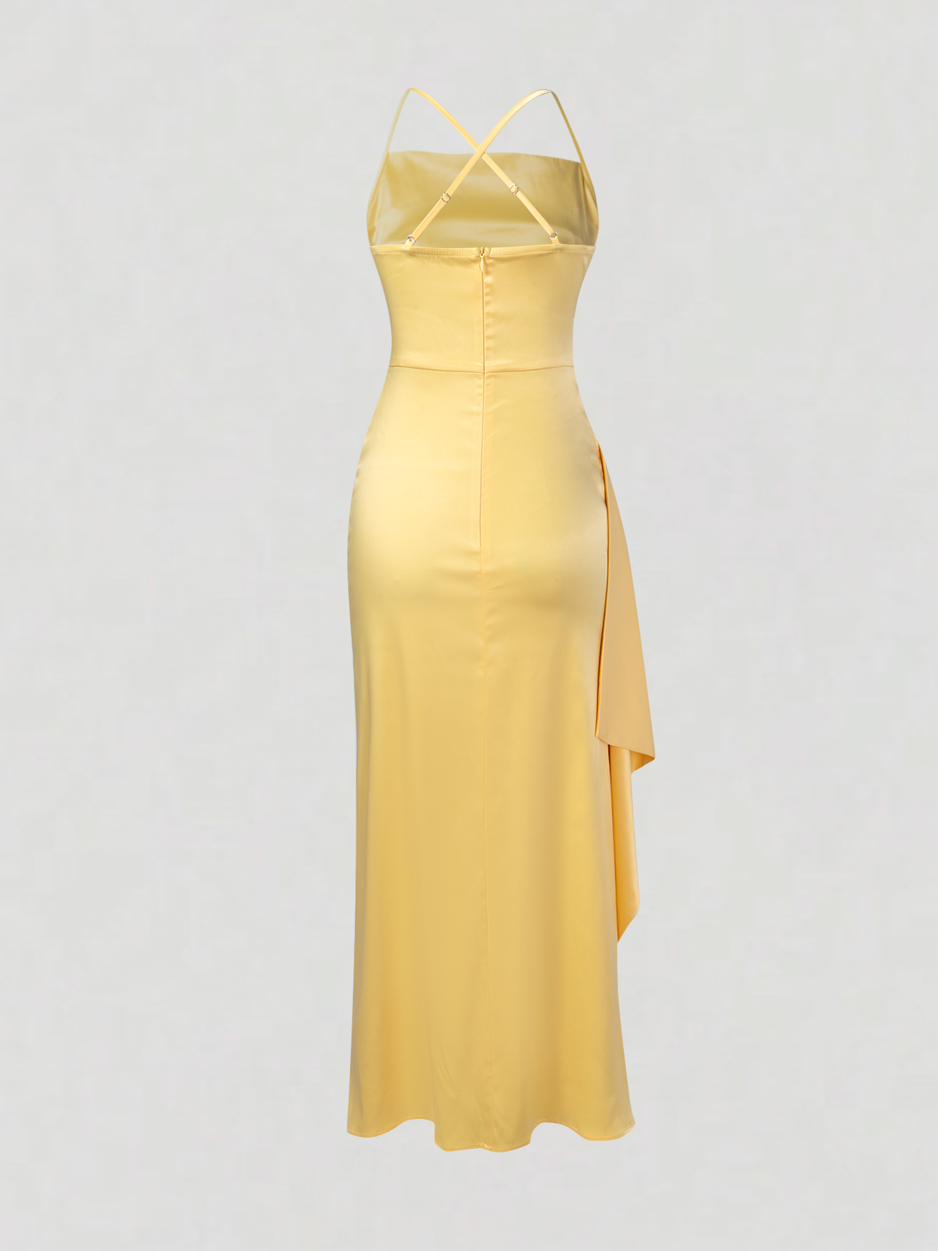 Woman's Yellow Satin Cowl Neck Ruched High Slit Maxi Dress with Thin Straps