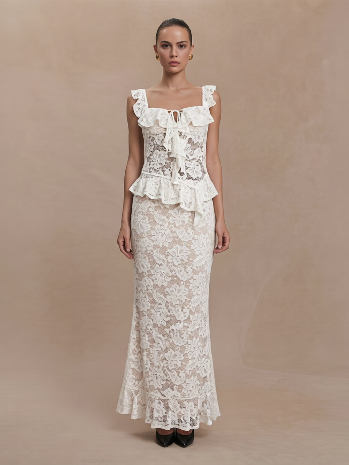 Square Neck Ruffle Strap Lace Bodice Front Tie Peplum Mermaid Maxi Dress