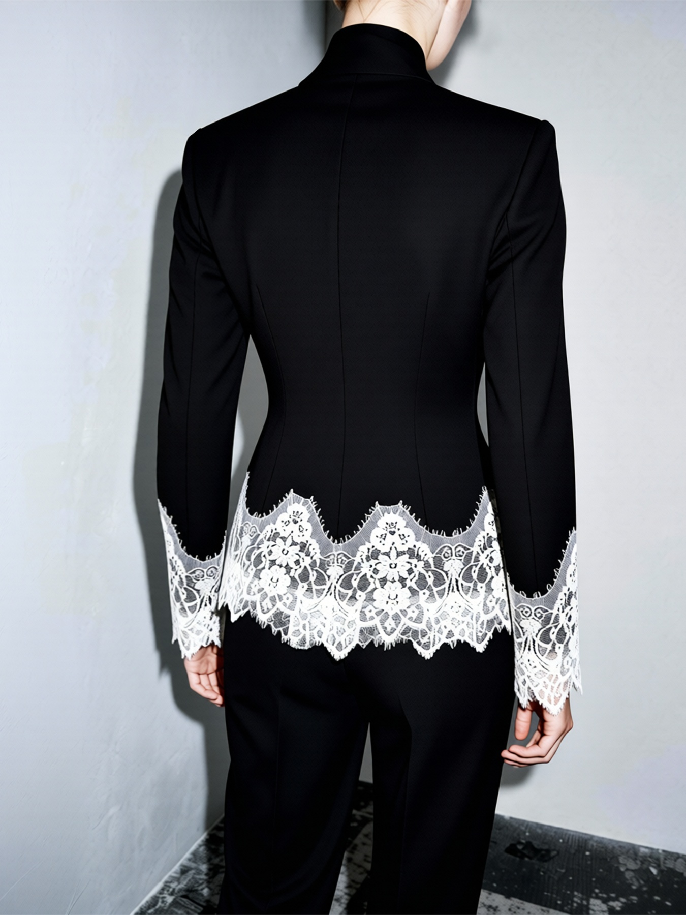 2026 Spring/Summer New Arrival: Elegant Commuter-Style Long-Sleeved Slim-Fit Stand Collar Lace-Trimmed Color-Blocked Blazer-Aetheryn