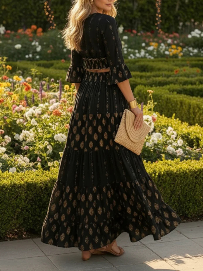 Golden Black Embroidered Boho Two Piece Set