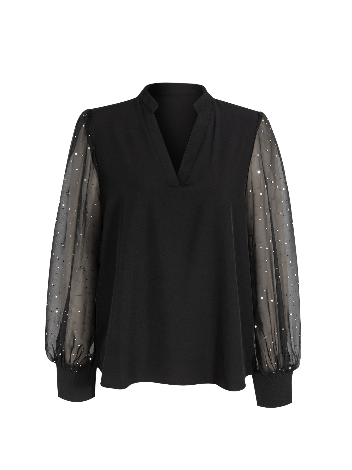 Women's V-Neck Blouse with Sheer Glittery Lantern Sleeves