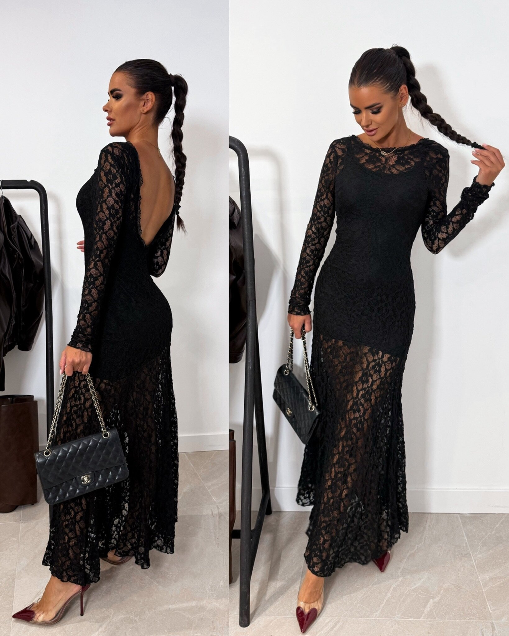 Black lace halter dress, long sleeve slimming fishtail dress, dinner party hot girl style sexy dress