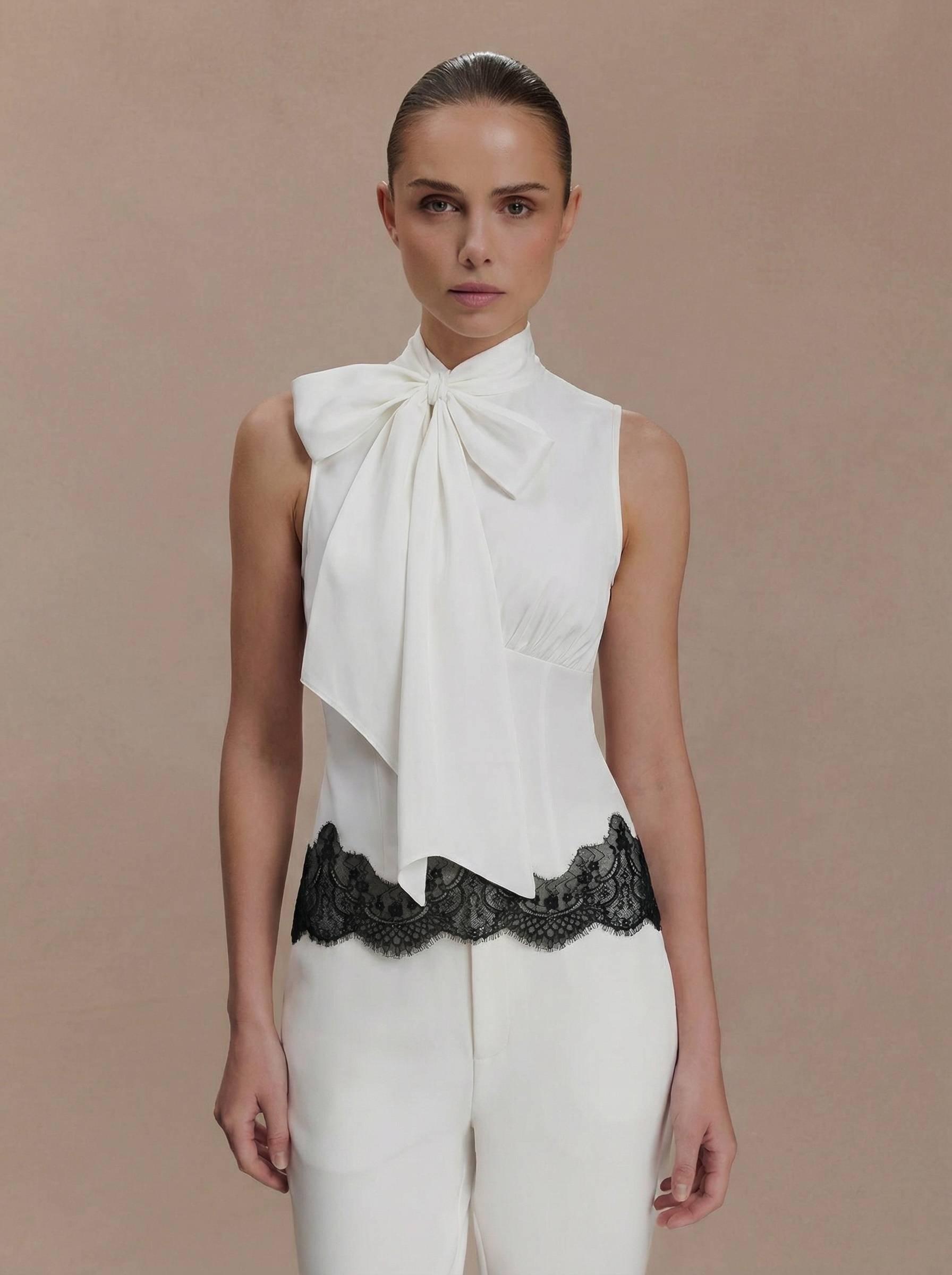 Women's Elegant Sleeveless High Neck Bow Detail Ruched Lace Trim Blouse