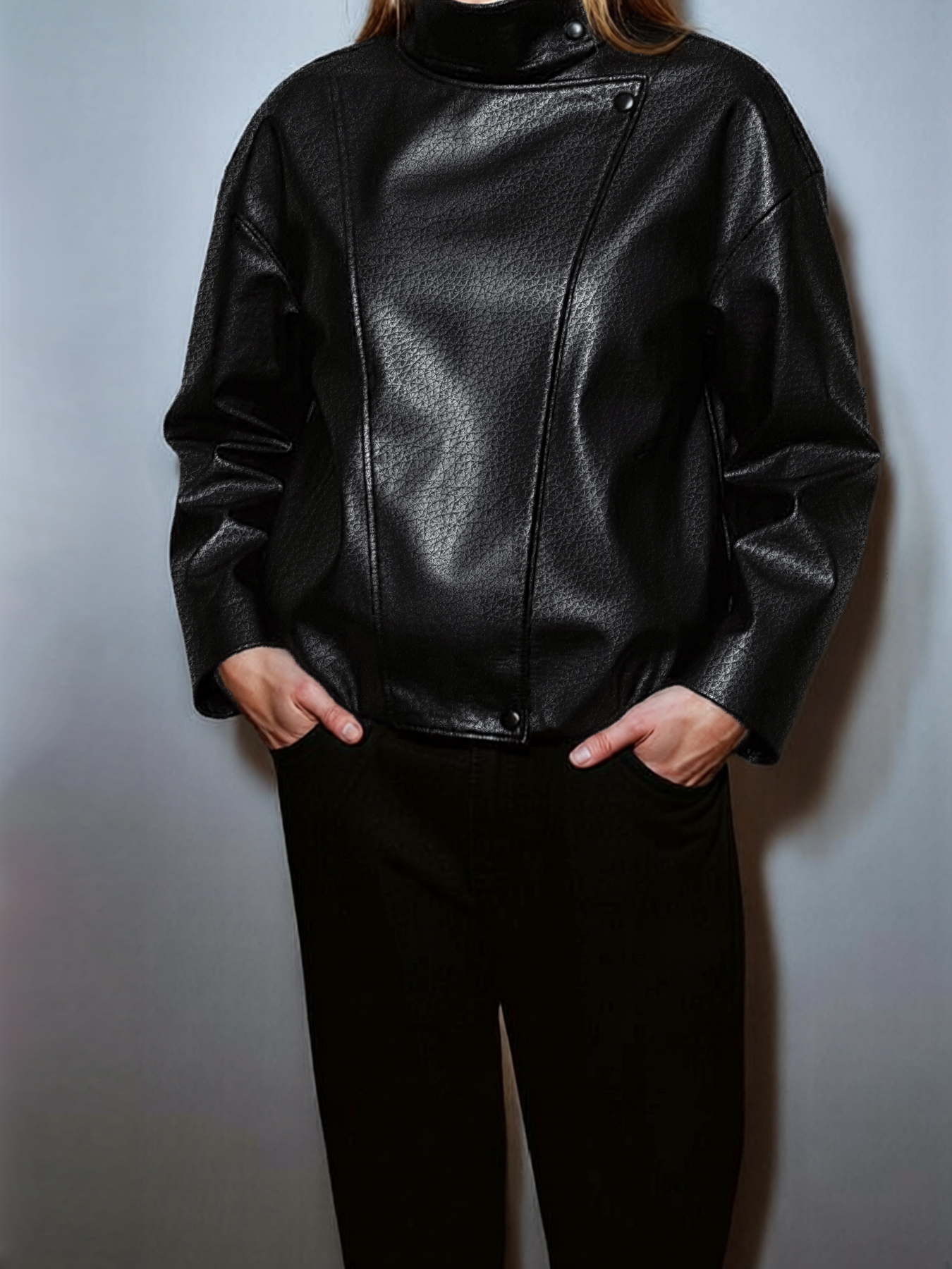 2026 Spring Summer Casual Oversized Leather Jacket - Textured High-Neck Relaxed Cropped Style