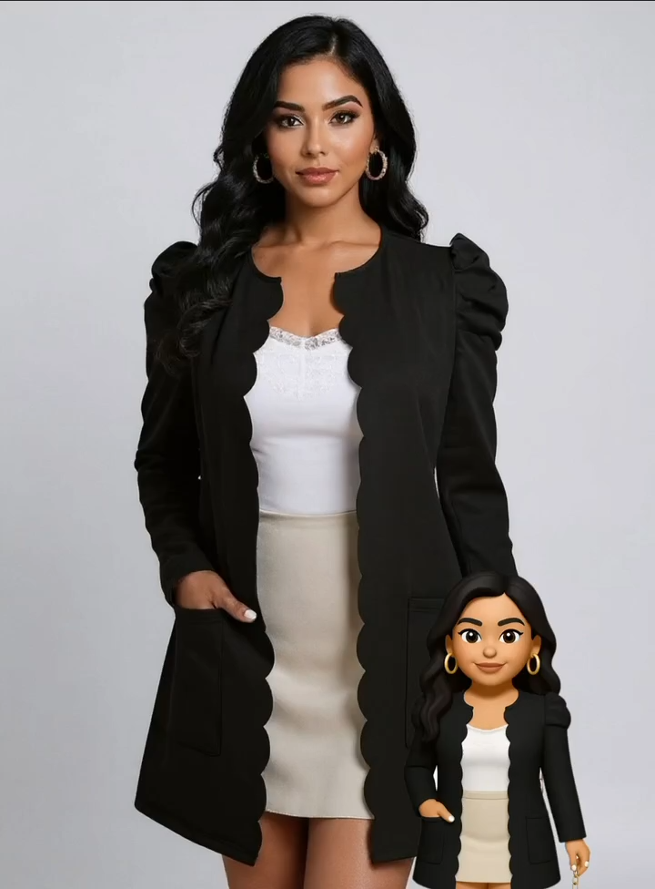 Black Scallop Edge Puff Shoulder Open Front Coat