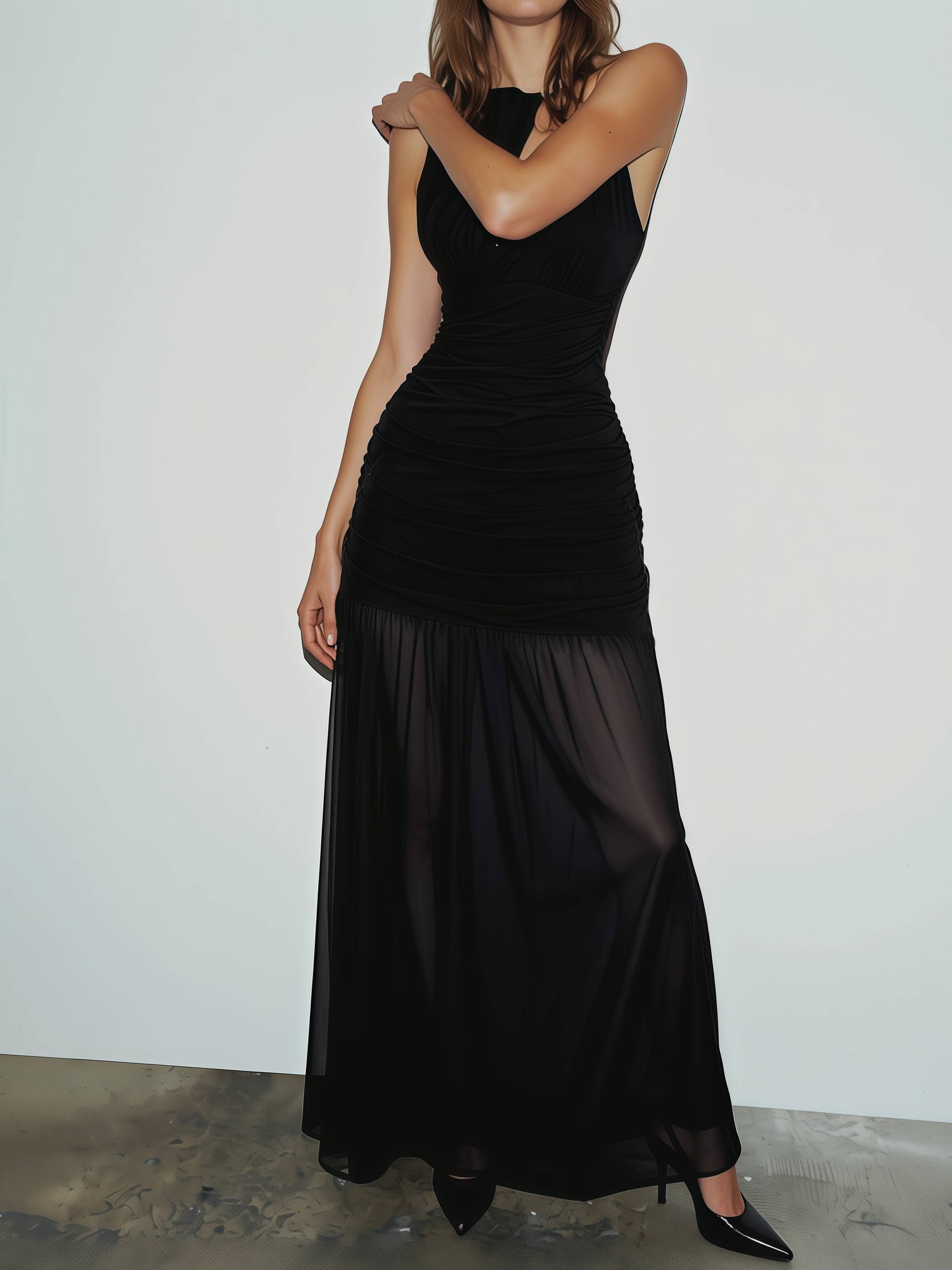 2026 Spring Summer Elegant Black Evening Gown - Sheer Mesh Panels & Gathered Halter Neck Maxi Dress