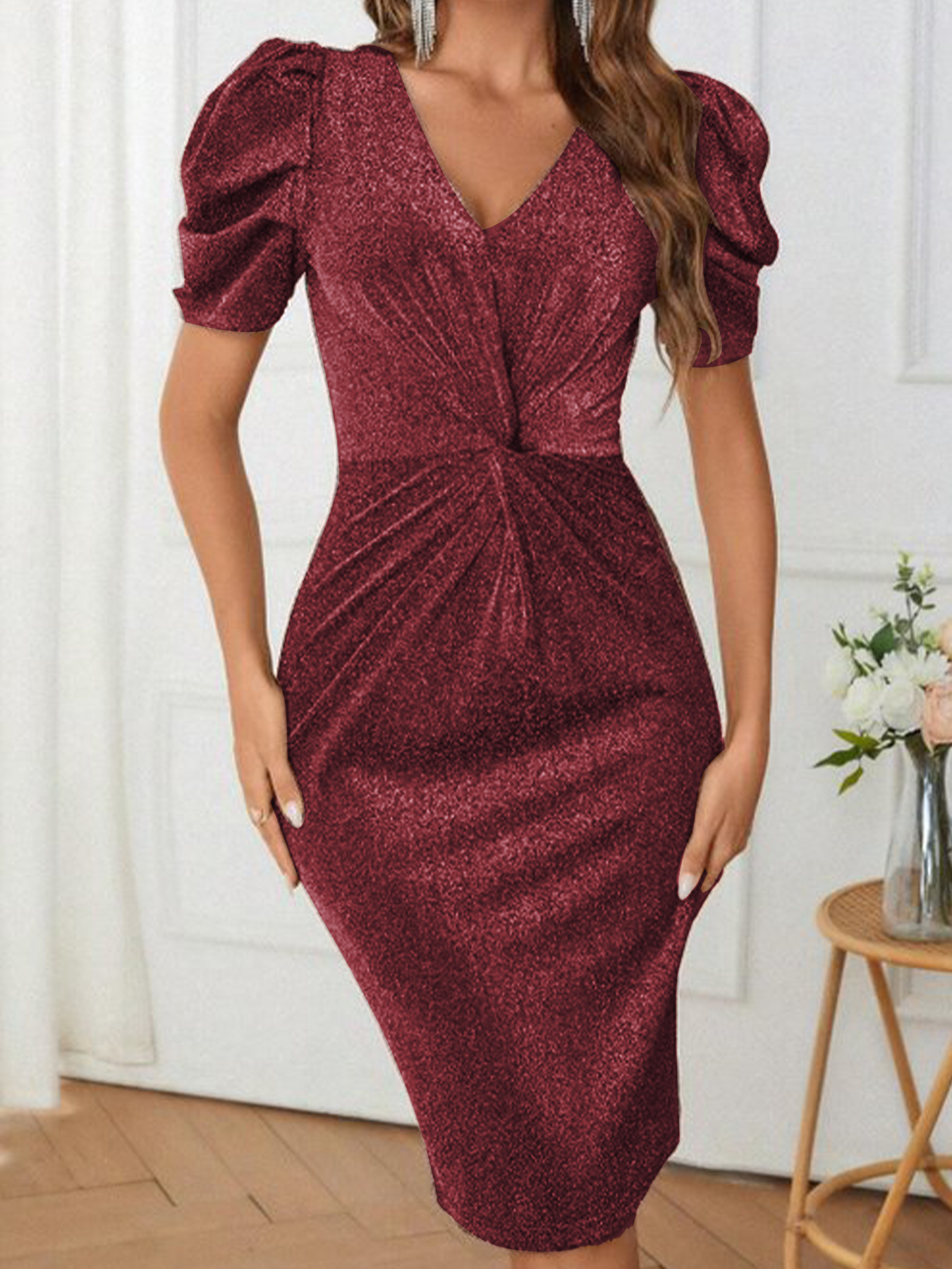 Woman's Glitter Deep V Puff Sleeve Ruched Midi Dress