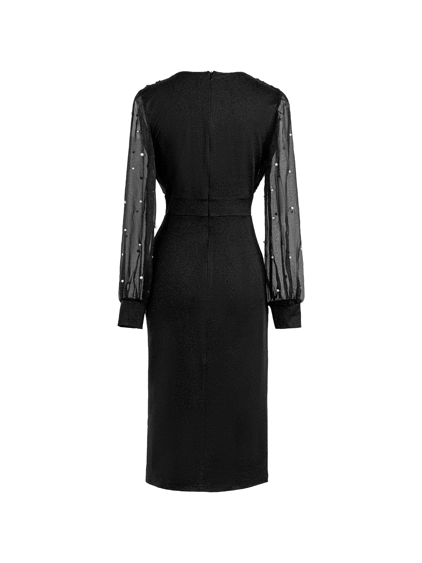 Women's Black Pearl-Embellished Mesh Sleeve Ruched Slit Midi Dress