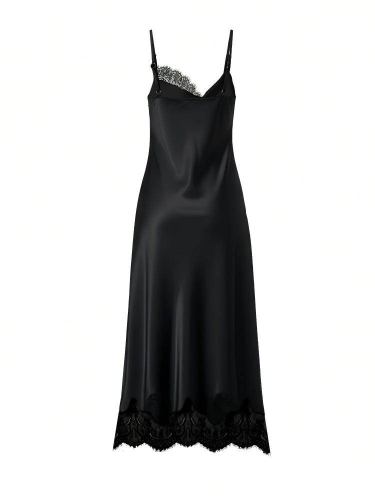 2026 Spring Summer Lace Paneled Satin Slip Dress : Draped Neck Backless Maxi Sexy Dress