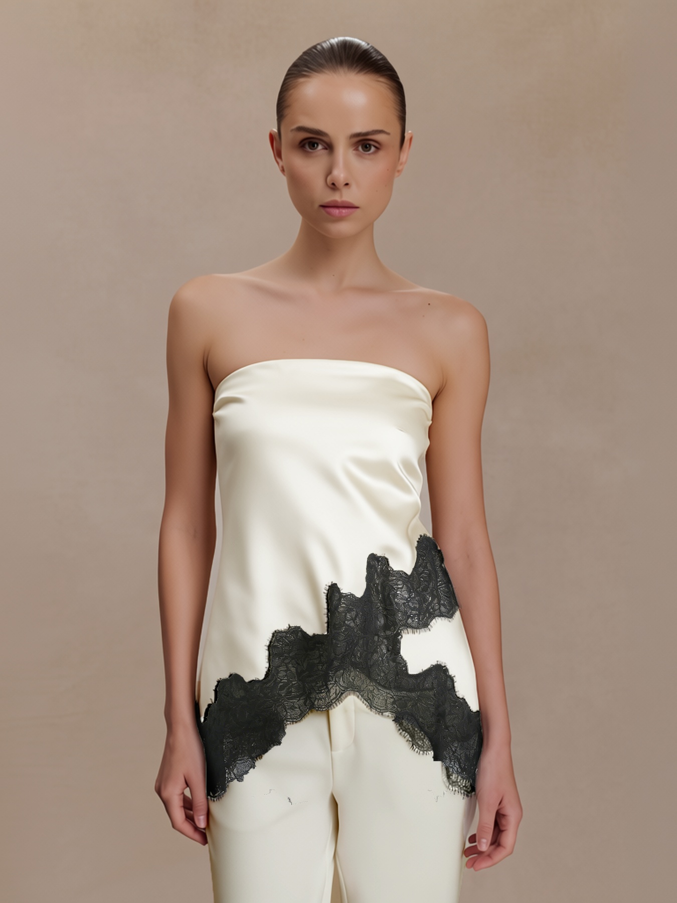 2026 Spring Summer Sophisticated Satin Strapless Top: Black Lace Wave-Edge Design, High-End Commute Piece