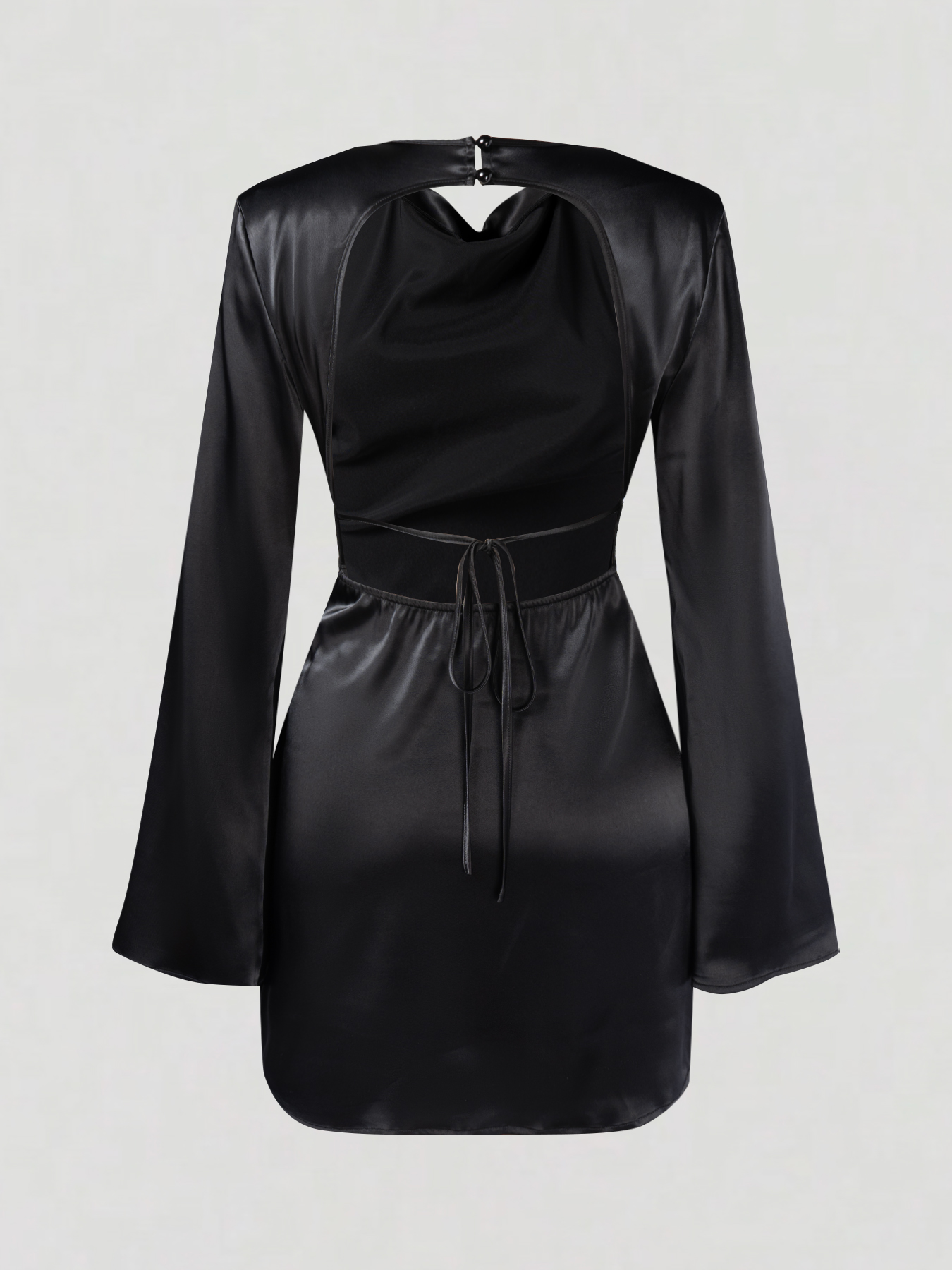Black Satin Cowl Neck Bell Sleeve Open Back Mini Dress