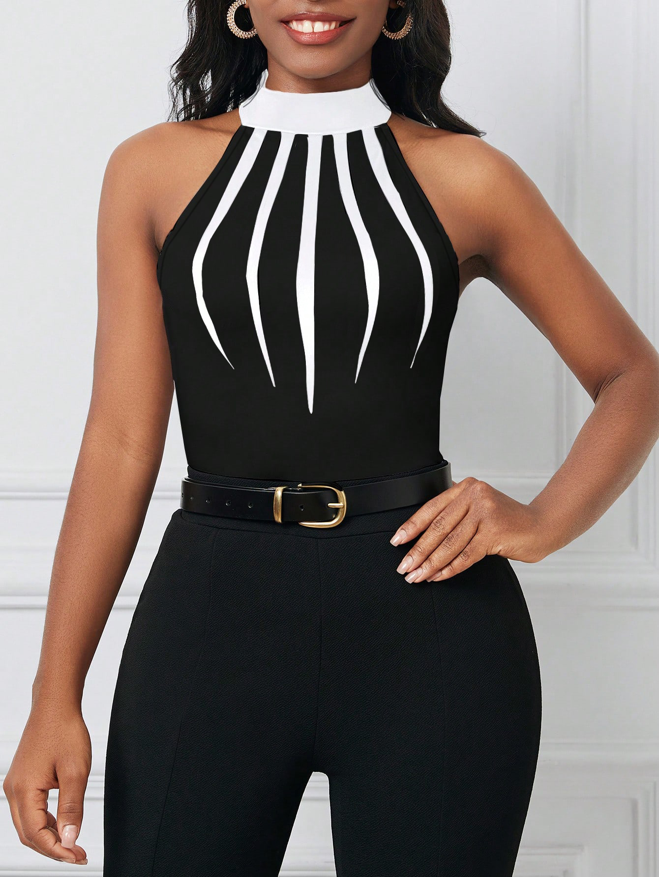 Halter Top with White Contrast Striped Detail