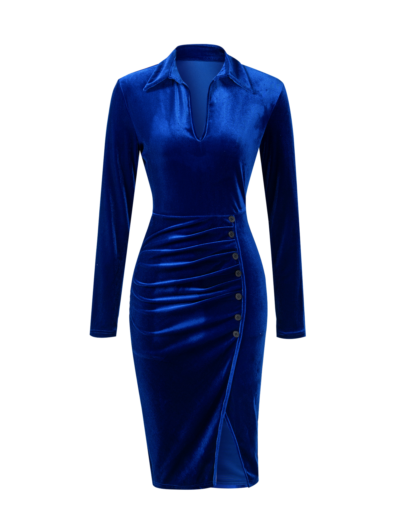 Woman's Royal Blue Velvet Collared V-Neck Long Sleeve Ruched Slit Dress