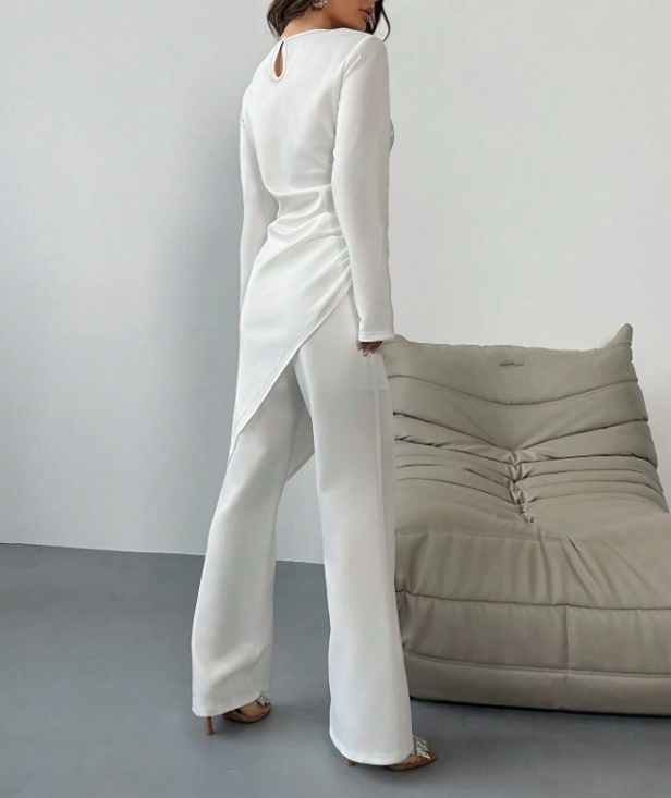 Women's White Long Sleeve Asymmetric Top and Wide-Leg Pants Set