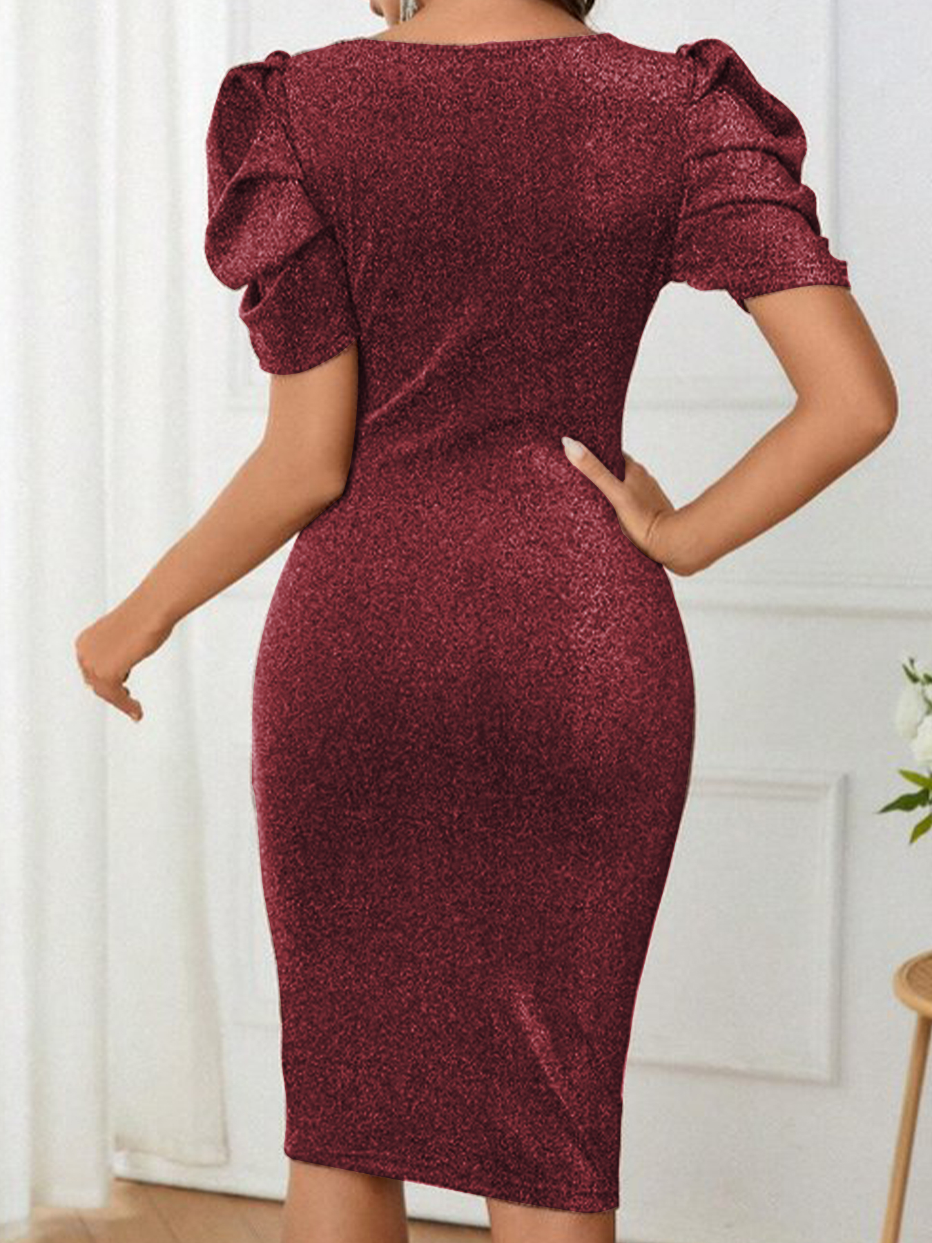 Woman's Glitter Deep V Puff Sleeve Ruched Midi Dress
