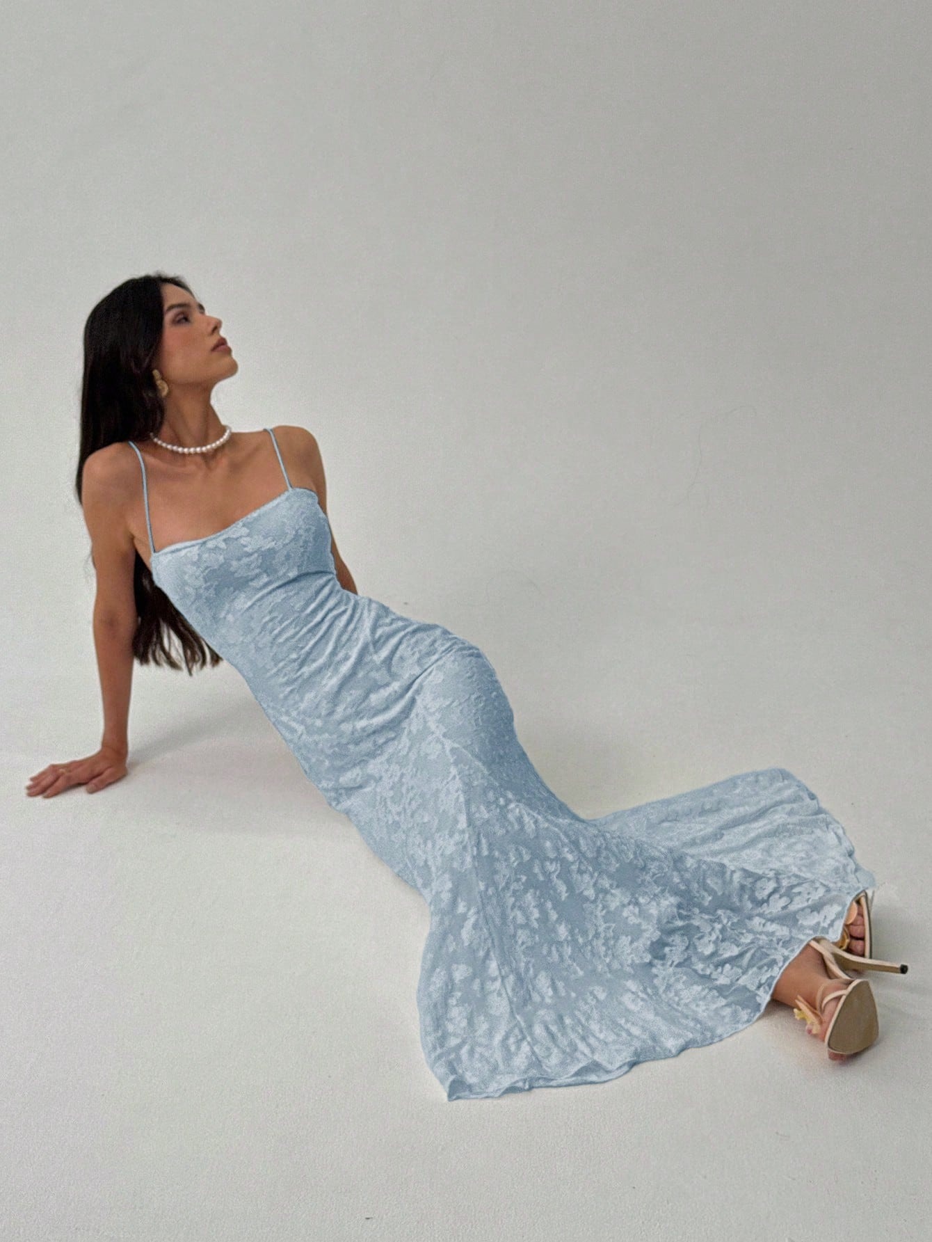 Light Blue Jacquard strap dress, slim fish tail dress, engagement dinner party temperament elegant dress-Aetheryn