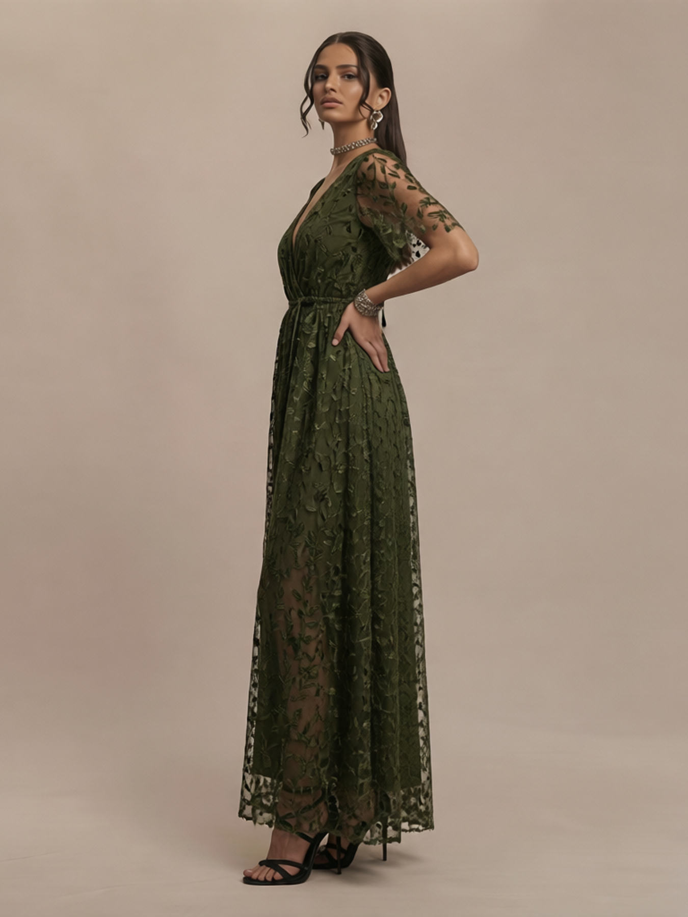 Women's Bohemian Style V-Neck Flutter Sleeve Embroidered Sheer Maxi Dress