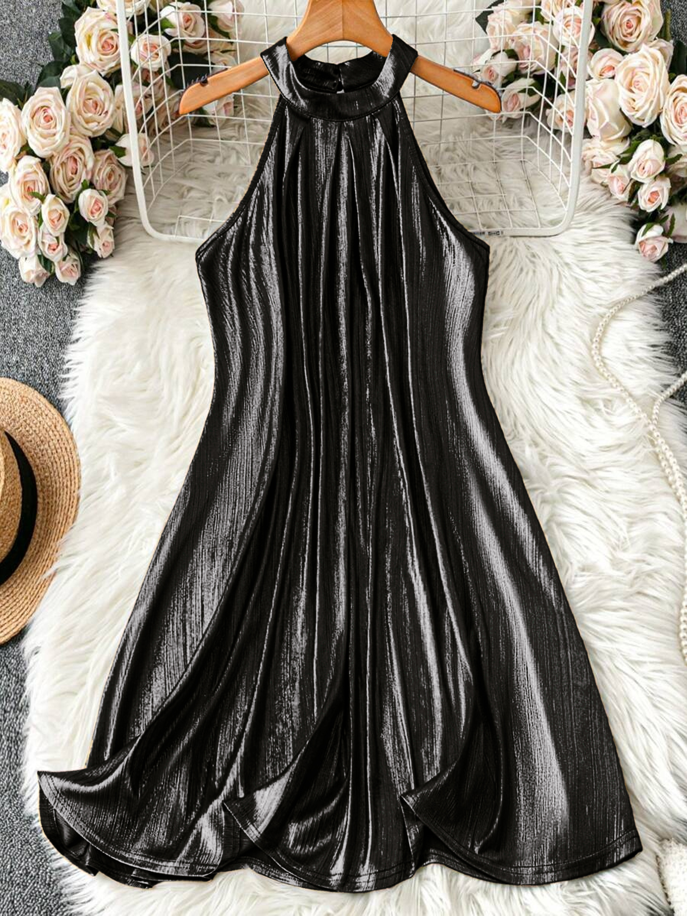 Metallic High Neck Halter Sleeveless Mini Dress