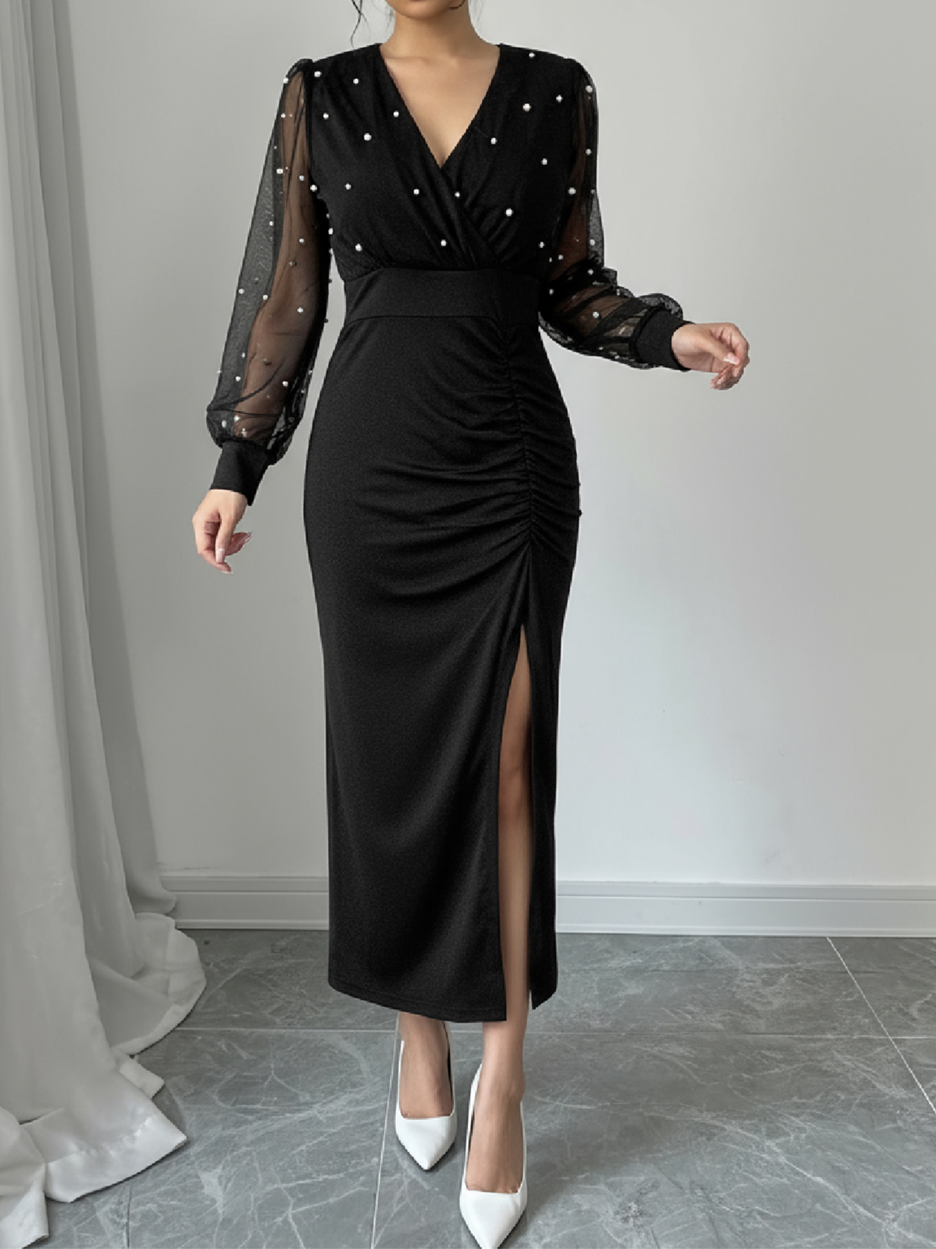 Women's Black Pearl-Embellished Mesh Sleeve Ruched Slit Midi Dress