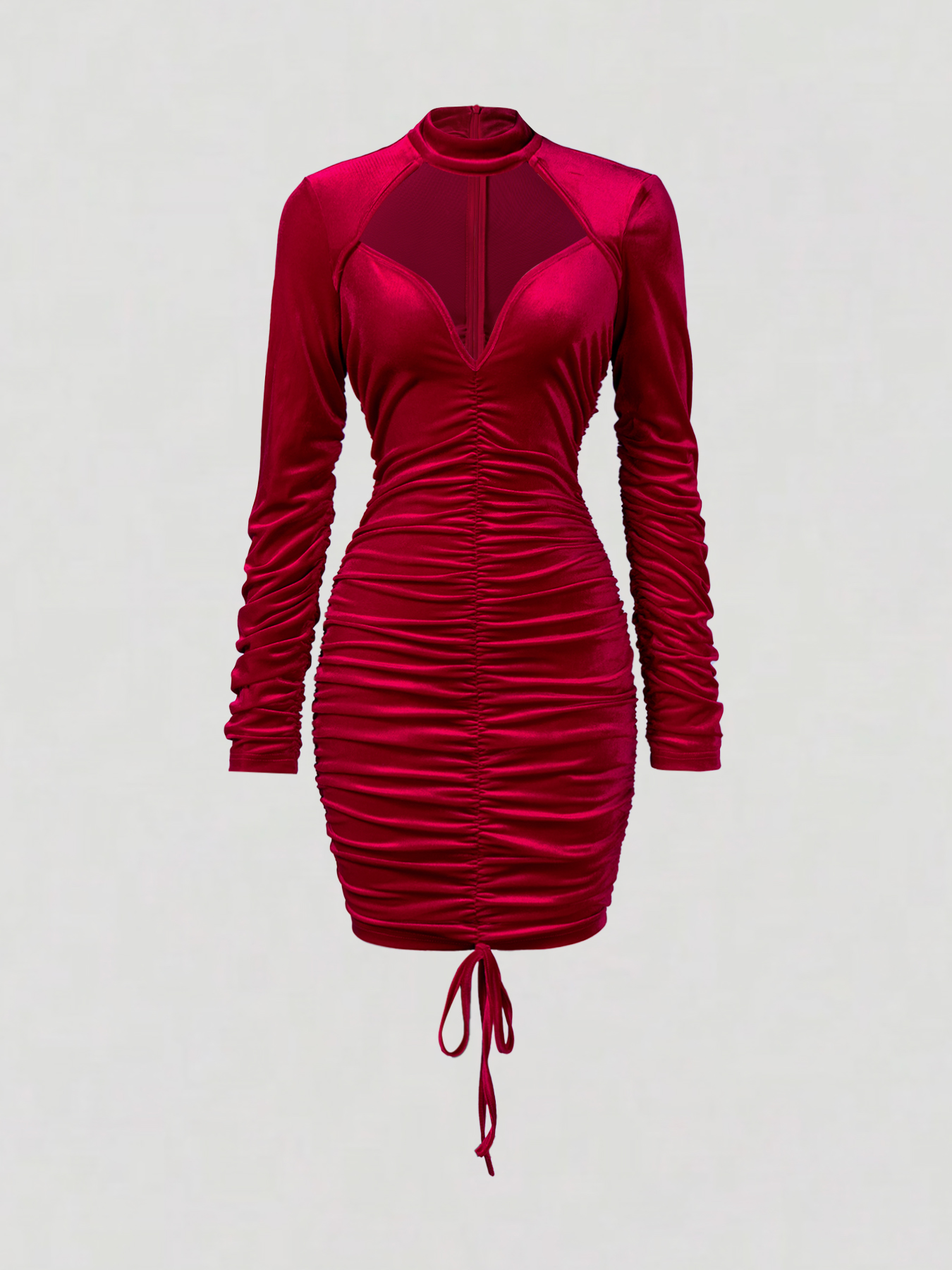 Woman's Burgundy Velvet High Neck Cutout Deep V Ruched Mini Dress