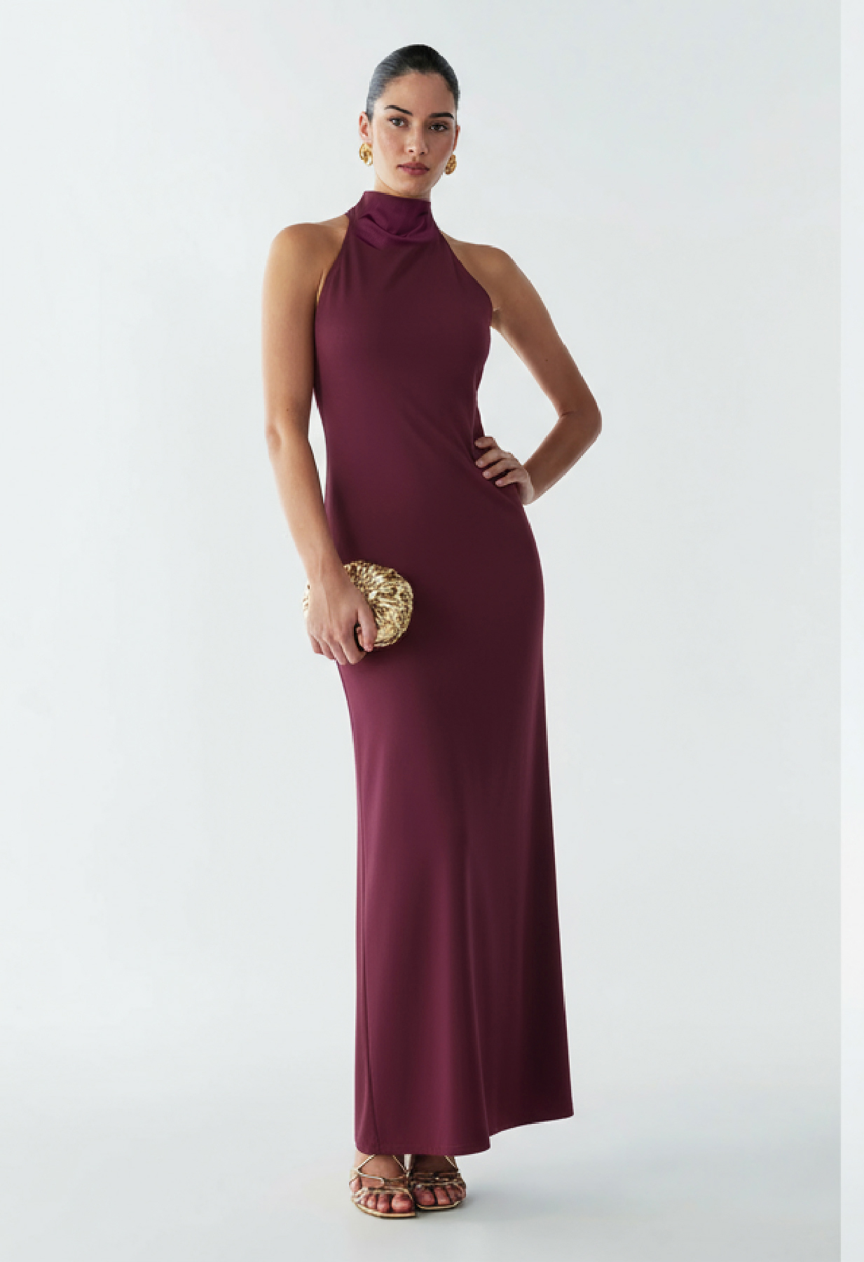 Woman's Burgundy Halter Neck Sleeveless Bodycon Maxi Dress