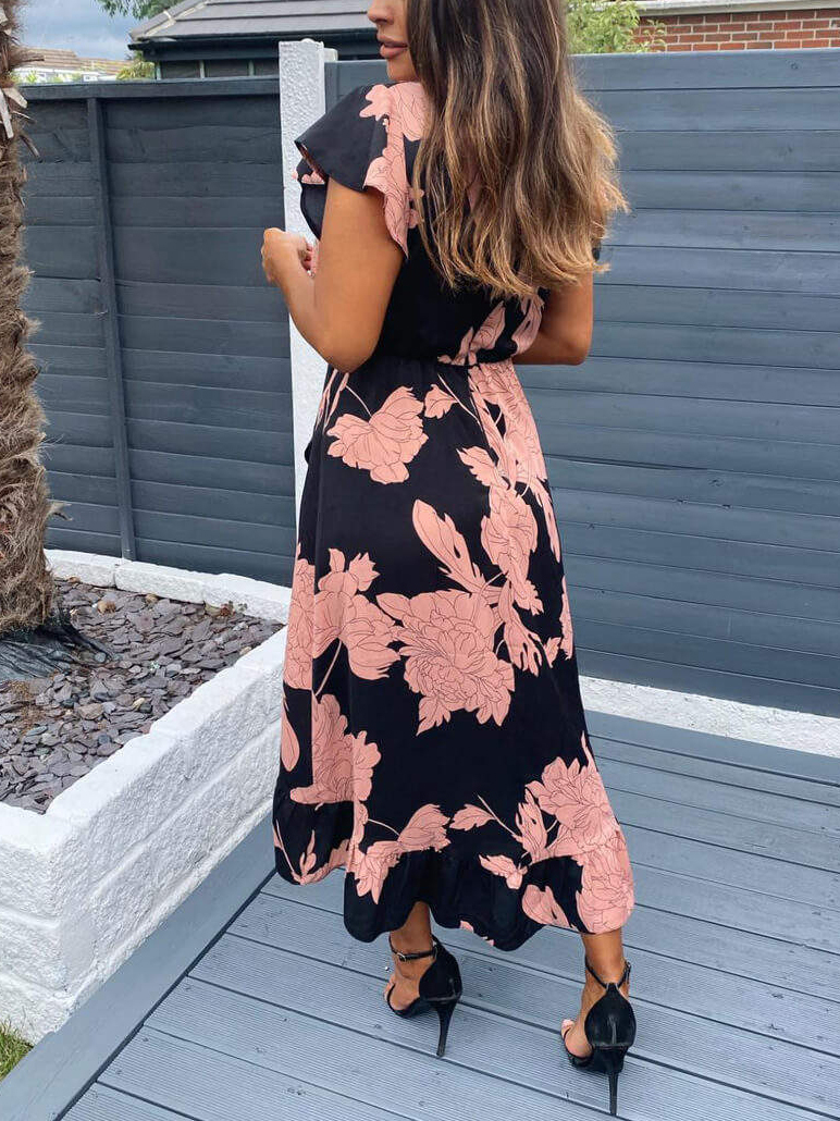 Black and Blush Floral Print Wrap Midi Dress