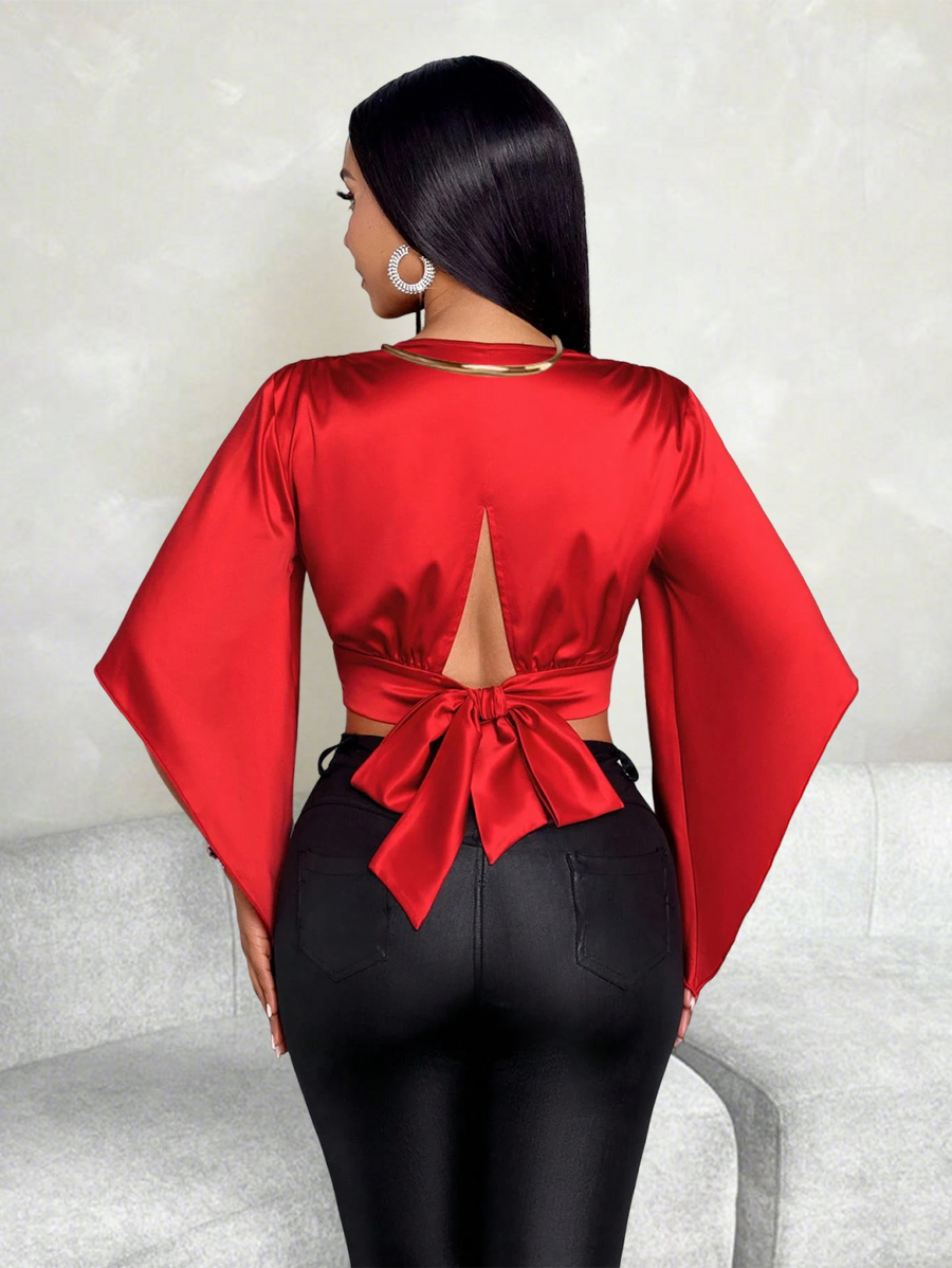 Women's Red Satin Deep V-Neck Bell Sleeve Crop Top
