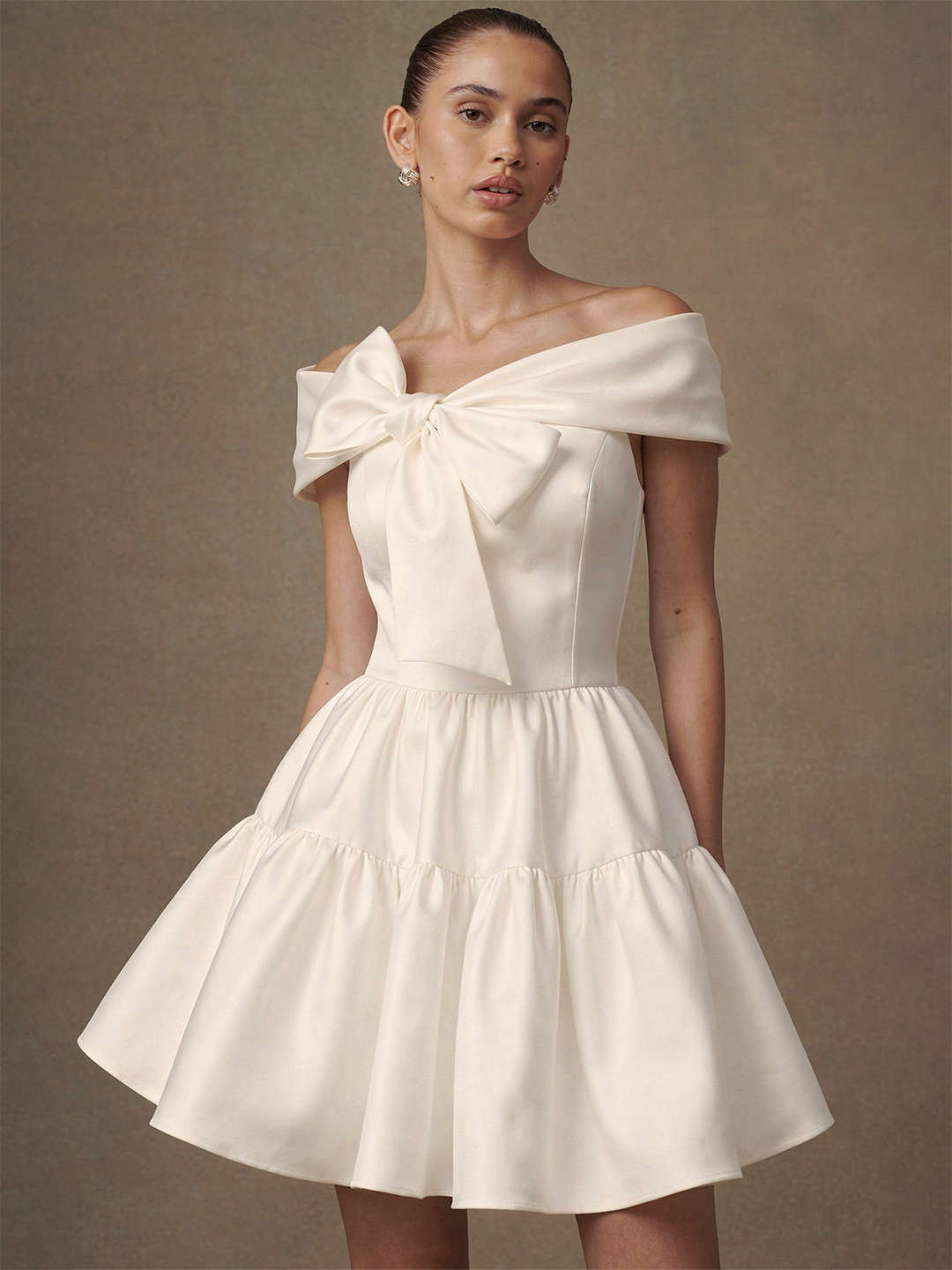 Off Shoulder Bow Tiered Mini Dress