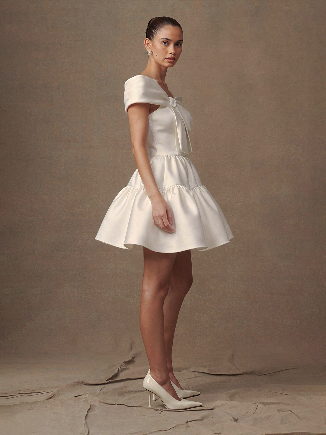 Off Shoulder Bow Tiered Mini Dress