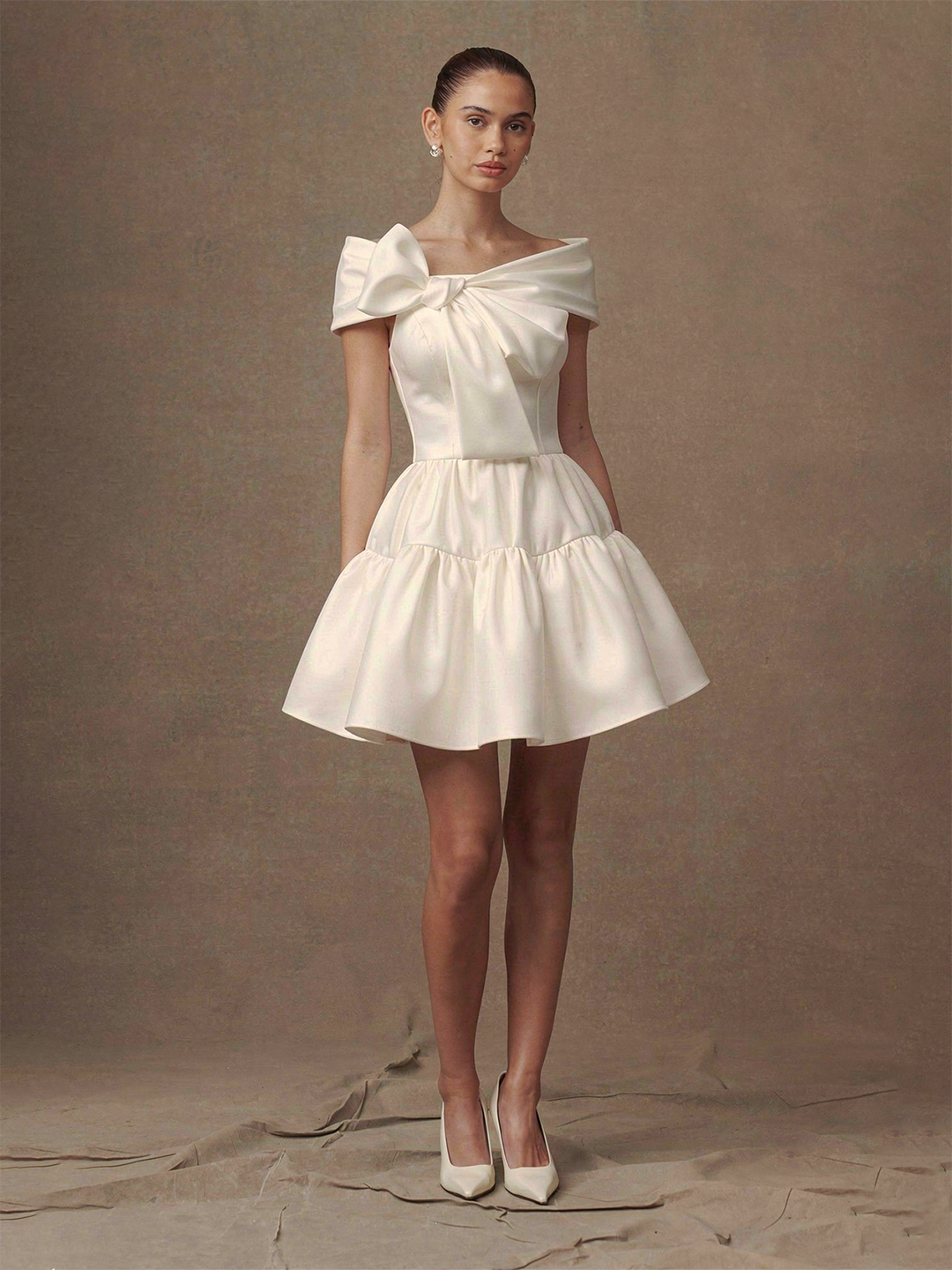 Off Shoulder Bow Tiered Mini Dress